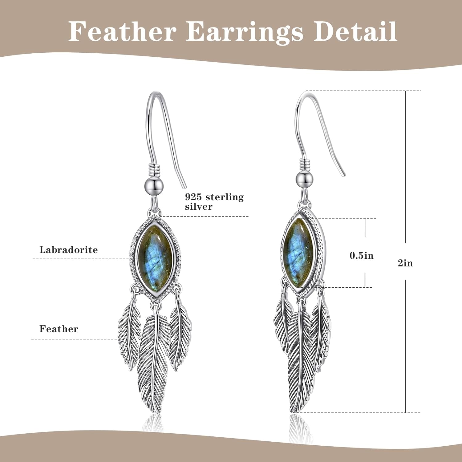 Feather Dangle Earrings for Women 925 Sterling Silver Earrings Teal Turquoise/Turquoise/Labradorite/Moonstone Drop Earrings with Feather Boho Vintage Leaf Hook Earrings Western Jewelry Gifts - Image 2