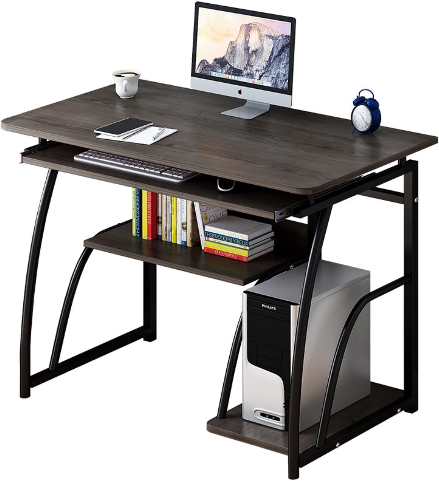 KUTIS Study Writing Computer Table, Wooden Laptop desk for Office and Home, Black Computer Desk with Bookshelf - 60 x 40 x 71 CM Computer Desk with Printer shelves, Keyboard and Mouse Tray