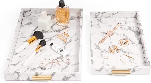 BTFY Decorative Trays Set of 2 - Faux Leather Vanity Trays - White Marble Effect Jewellery Trays w/ Gold Handles - Luxurious Rectangular Organiser Display Trays for Dressing Table