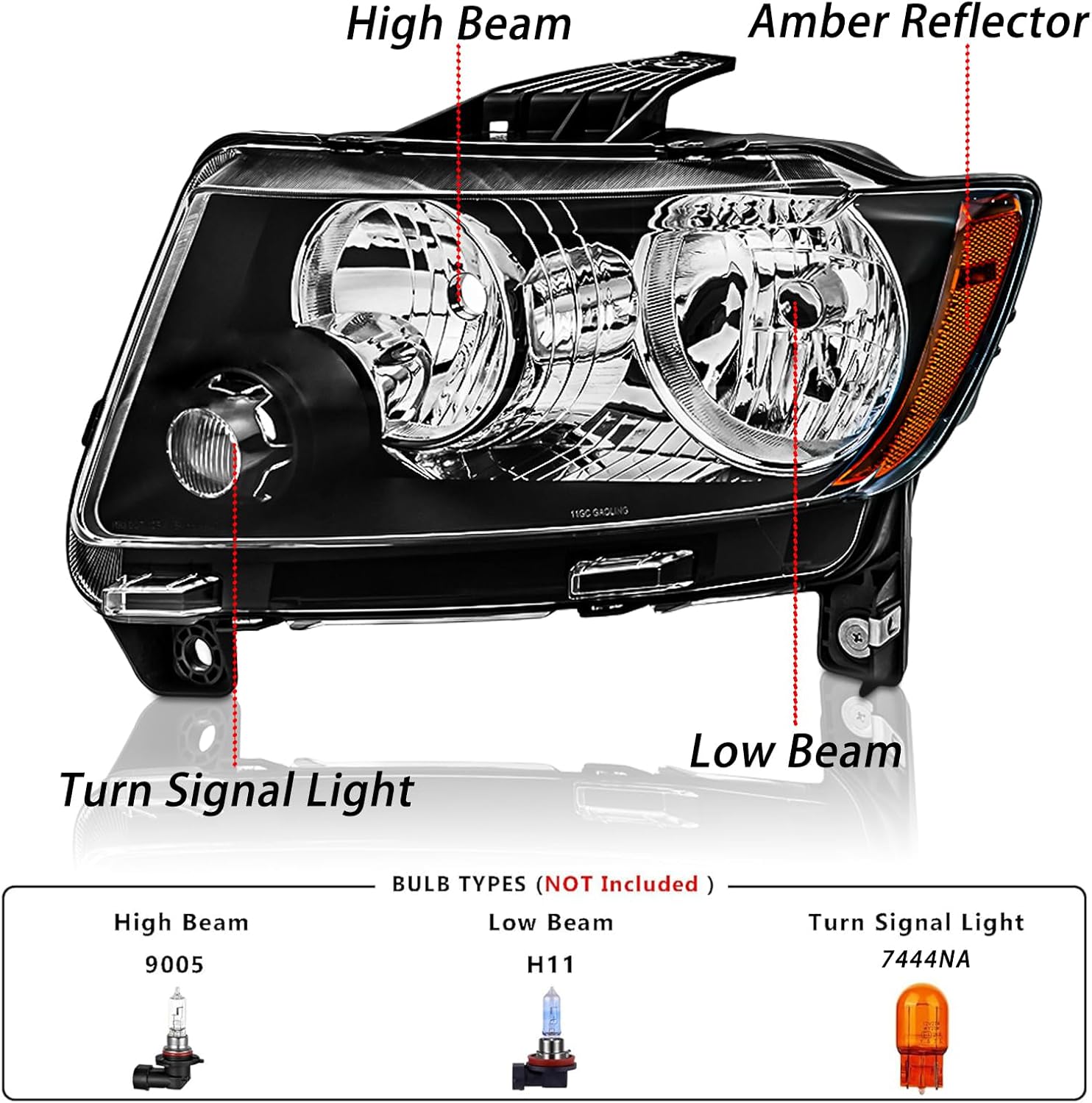Headlights Assembly Pair for 2011 2012 2013 Jeep Grand Cherokee / 2011-2017 Jeep Compass Halogen Headlamps Head Lights Replacement Driver and Passenger Side,Black Housing Amber Reflector