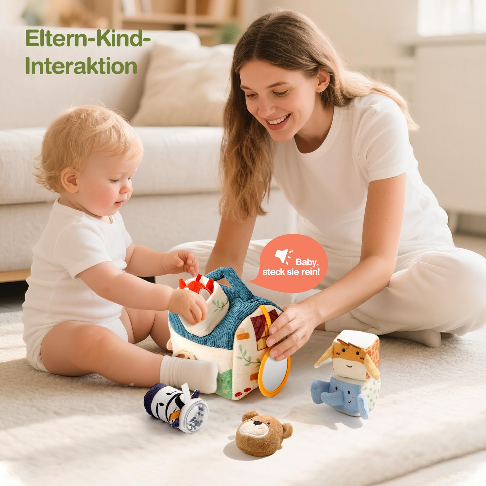 Giocattoli per Bambini 4 6 12 18 Mesi, Giocattolo Montessori Casa Fattoria Sensoriale con 5 Animali, Giocattolo Motorio, Sonagli, Giochi Educativi con Effetti Fruscianti Regalo per Ragazzi e Ragazze