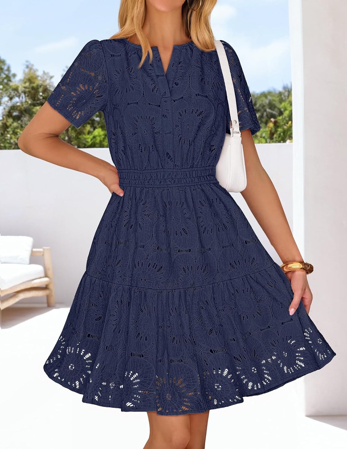 MEROKEETY Women's Spring Summer Lace Boho Dress 2026 Short Sleeve Eyelet Floral Ruffle A Line Vacation Beach Mini Dresses - Image 3