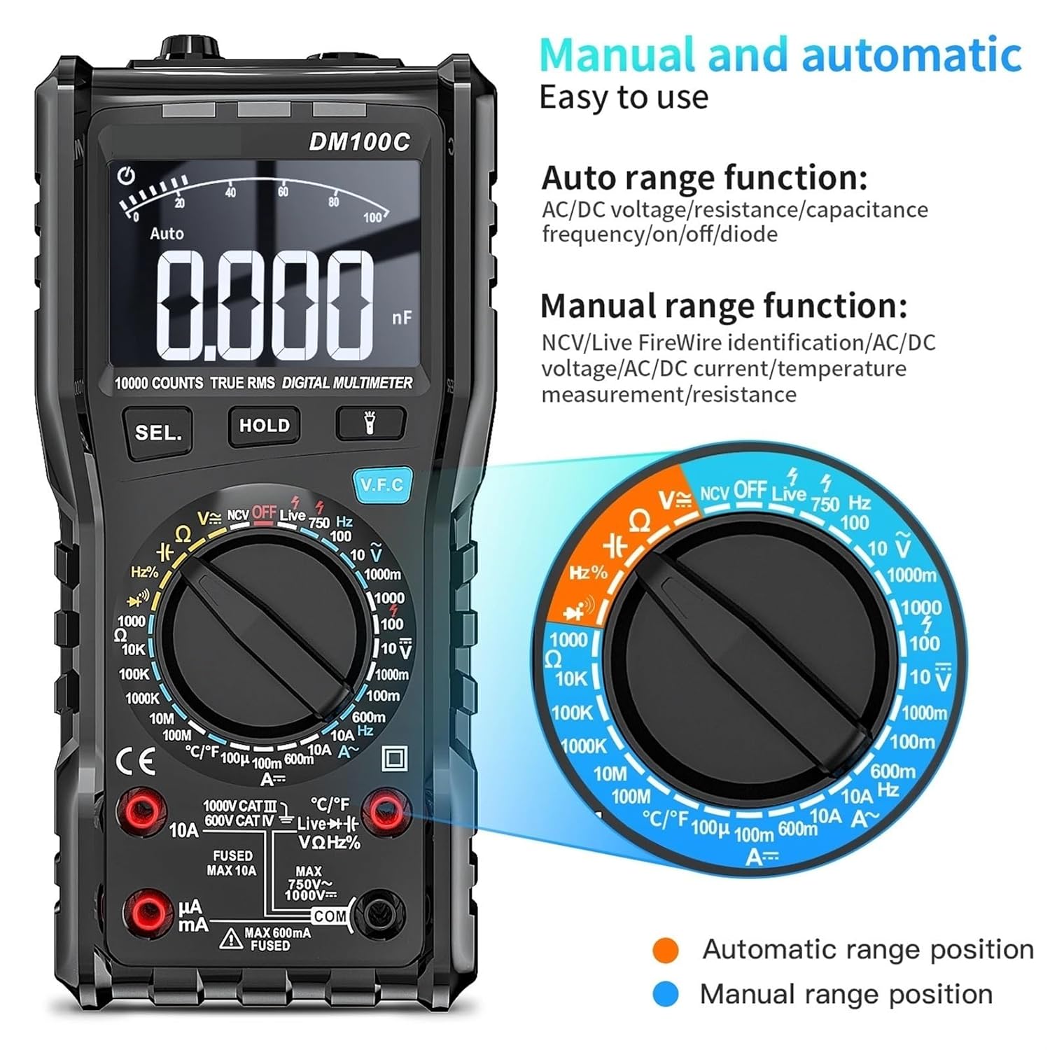 LCR Meter, DM100C 10000 Counts Multimeter High Precision Temperature Measure NCV Resistance Capacitance DM100 Humidity Multi Meter