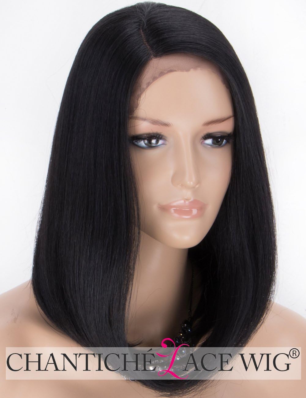 Chantiche L-Part Black Lace Wig - Natural Straight Bob Synthetic Wigs for Women Side Part Medium Length Hair Wig