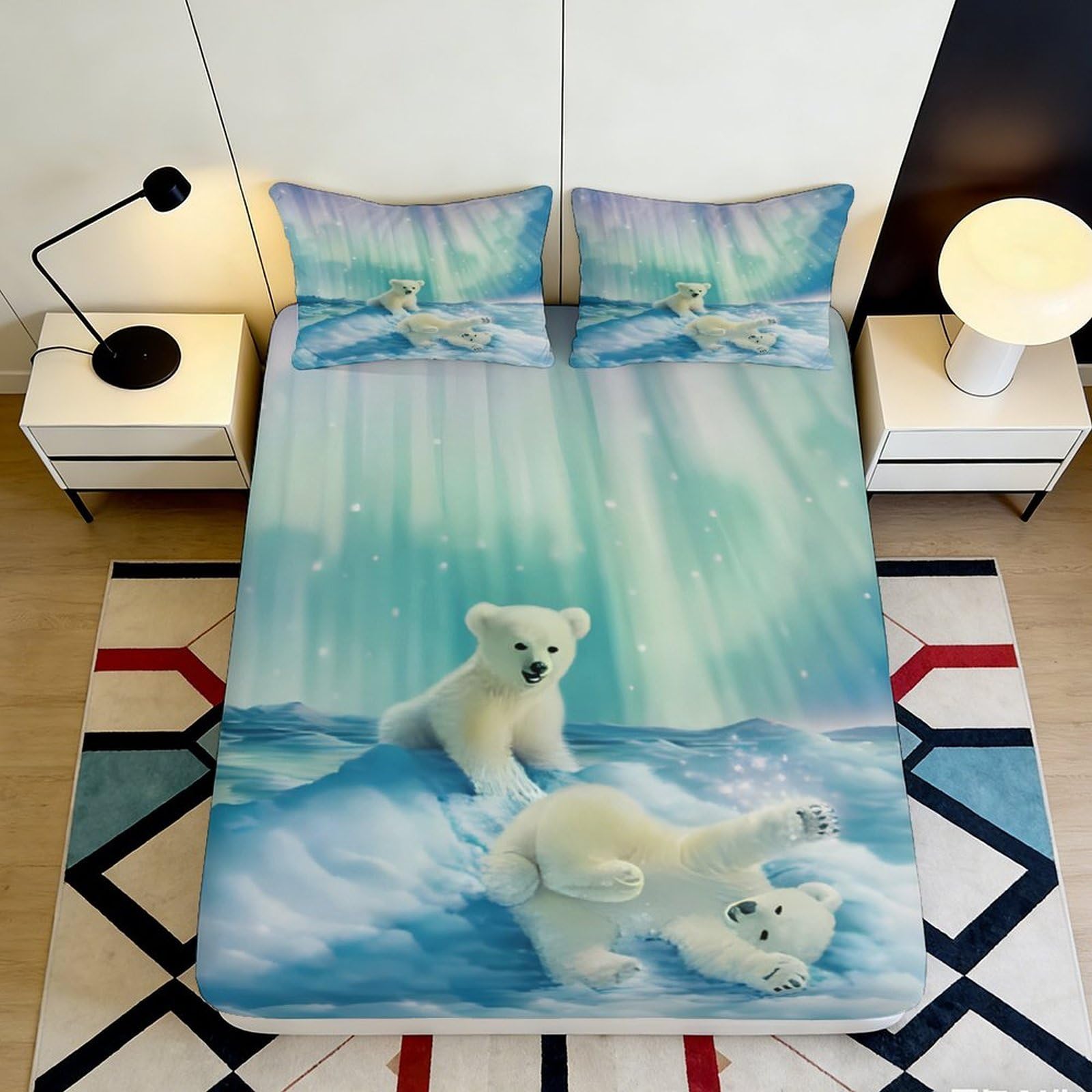 Pnayamiorkfel Style-4 3D Printed Polar Bear Arctic Aurora Fitted Sheet Microfiber Soft Bed Sheet For Bedroom Guest Room Decor Mattress Protection 90X200x25cm