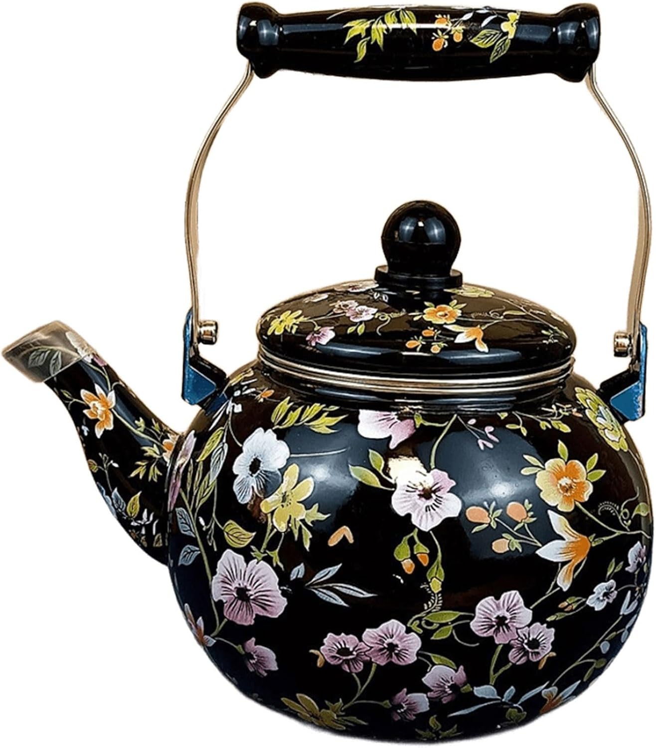 Vintage Floral Enamel Tea Kettle with Infuser, 2.6 QT Teapot with Heat-Resistant Ergonomic Ceramic Handle for Stove Top for Family Kitchens and Restaurants