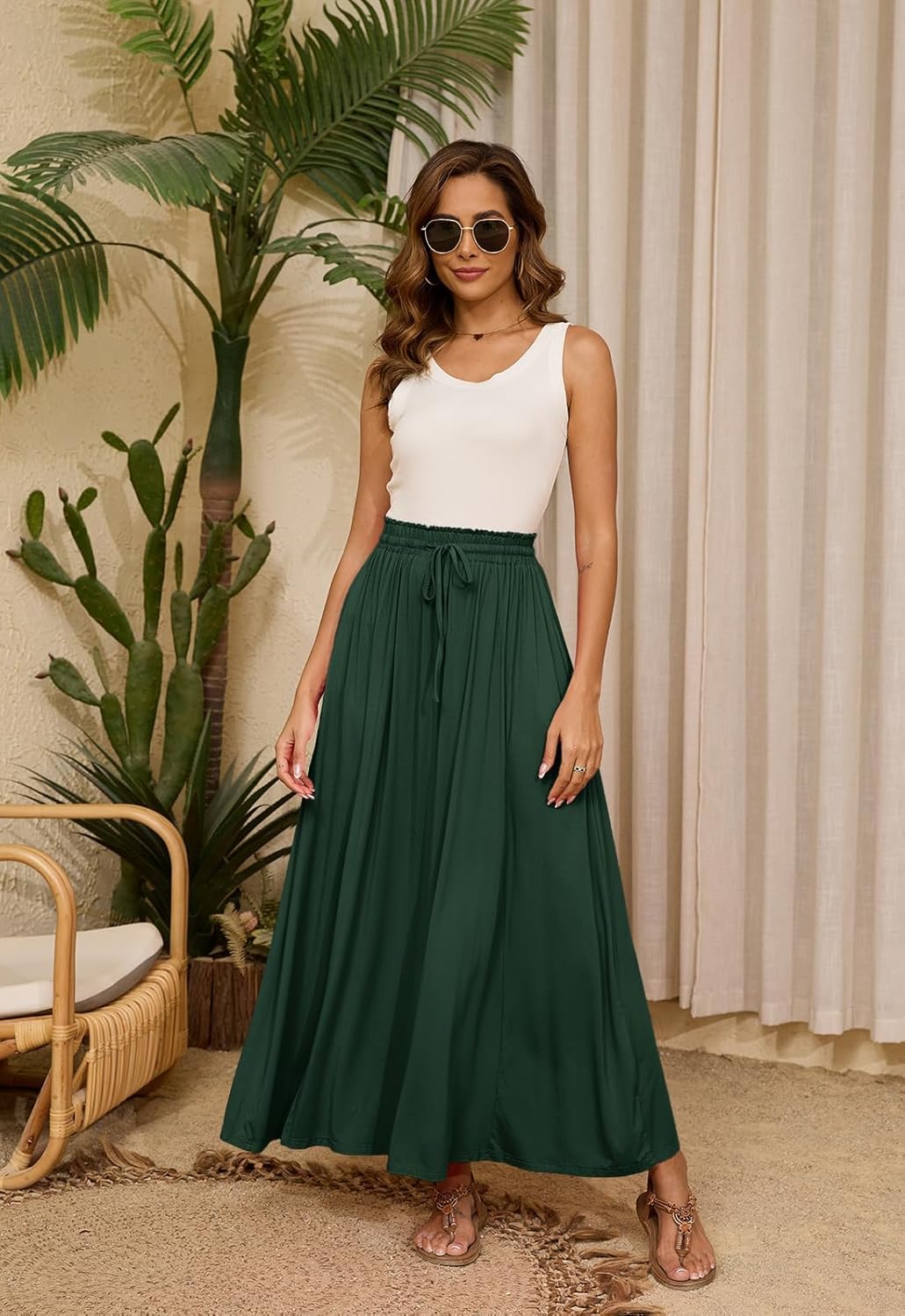 Women’s Maxi High Elastic Waisted Skirt Flowy A-Line Split Hem Beach Long Skirts for Women with Pockets - Image 4