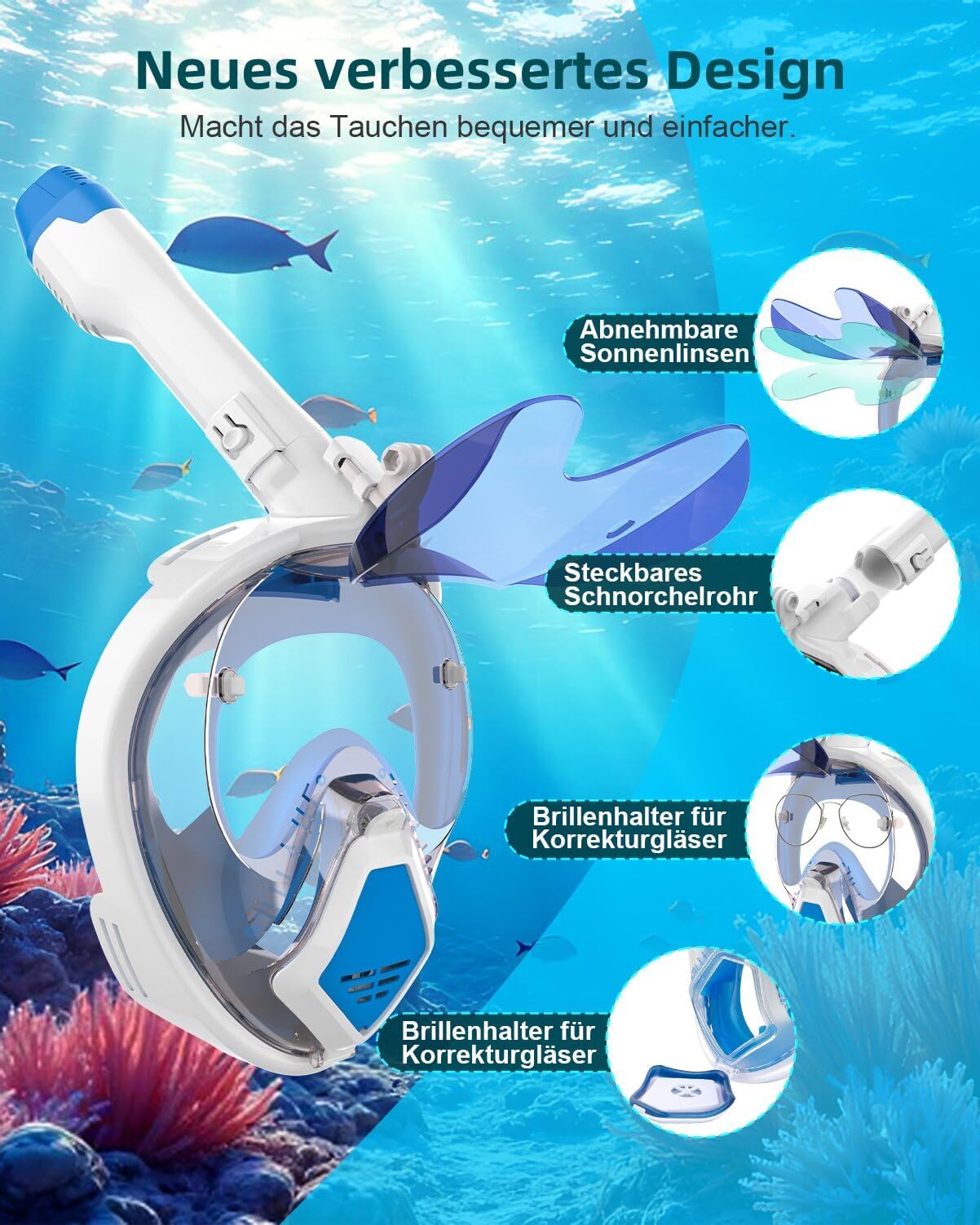Maschera da Snorkeling per Adulti, Maschera Integrale sicura di CO2，Mascherina Facciale per snorkeling, Anti-appannamento, Supporto per Fotocamera, Occhiali da Sole Pieghevoli, 180° Visuale Panoramica