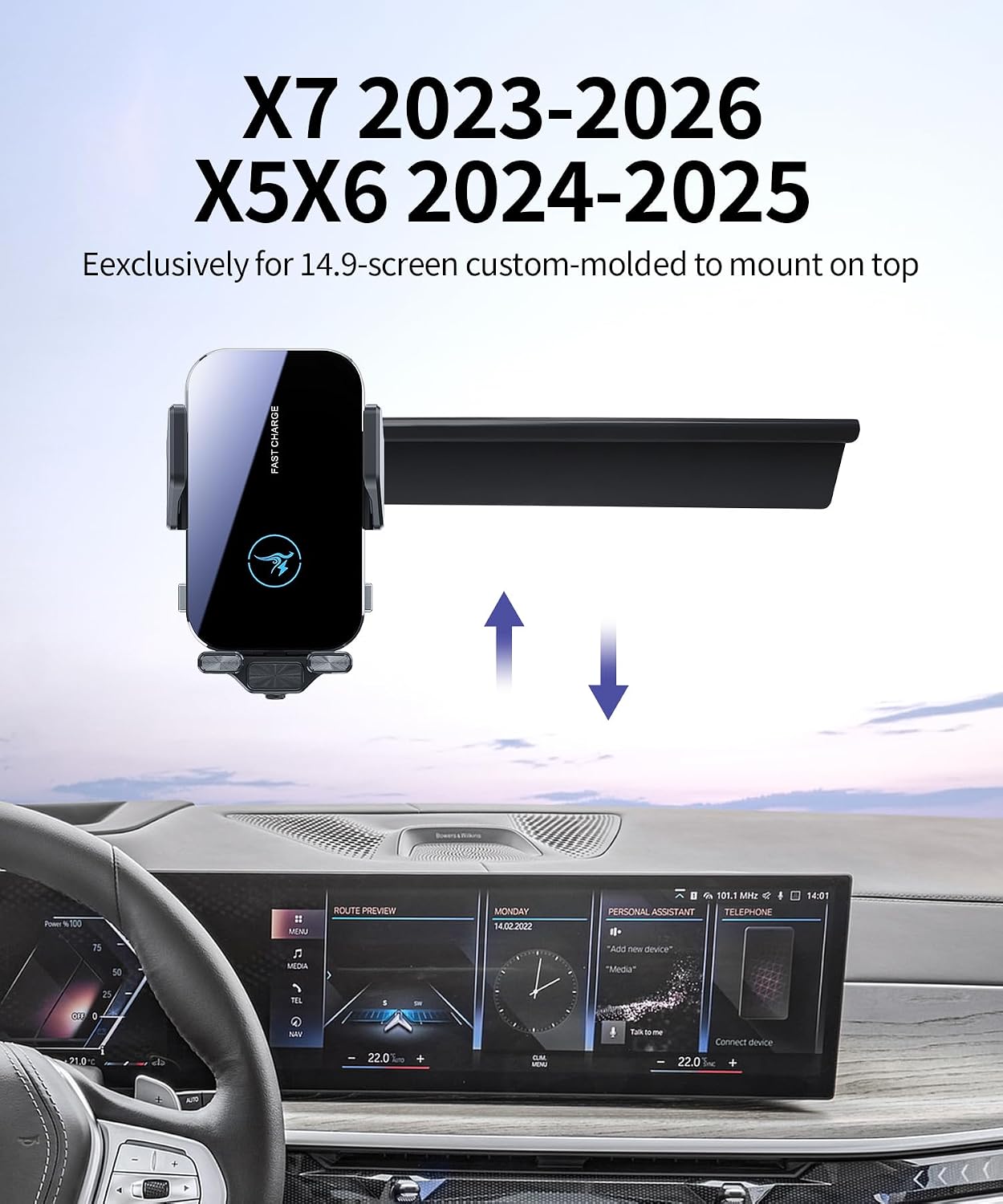 15W Wireless Fast Charger for BMW The X5/X5M X6/X6M 2024 2025 X7/X7M 2023-2026 Accessories 14.9-inch Screen Fixed Clip, Interior Decoration Mobile Phone Mount, 360° Rotation