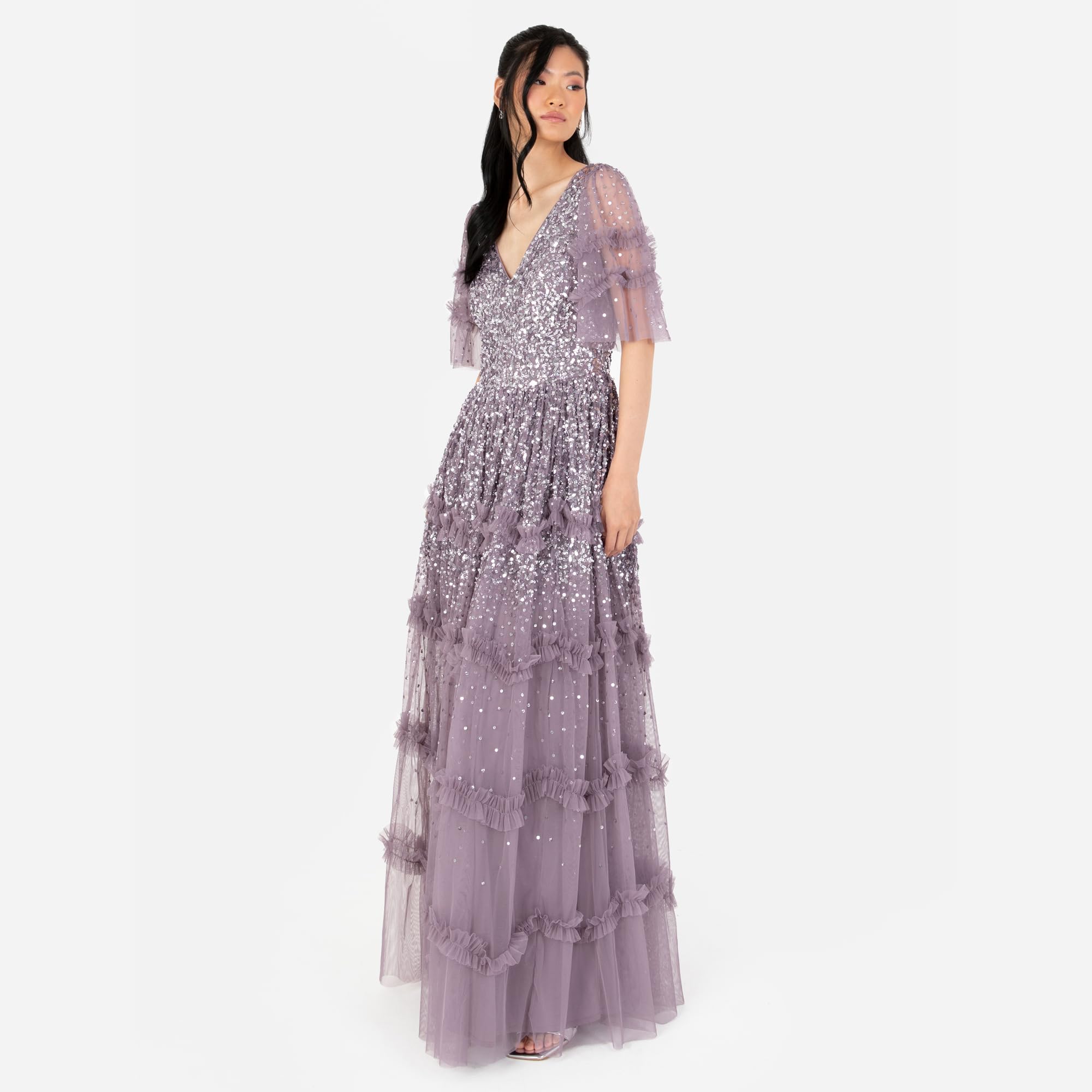 Maya Deluxe Women's Maxi Dress Ladies V-Neck Sequin Embellished Ruffle Detail for Wedding Guest Bridesmaid Prom Occasion Ball Gown