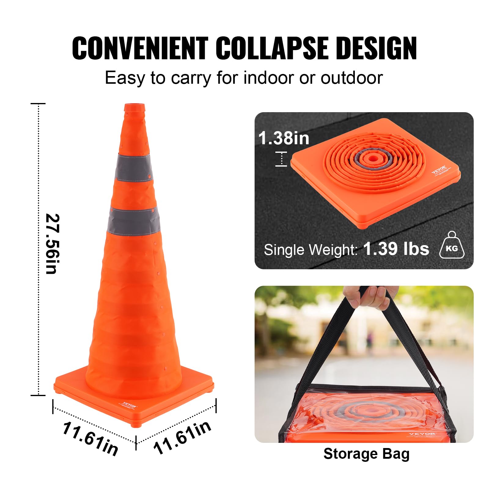VEVOR Cono de Tráfico Reflectante 70 cm 4 Piezas Plegable Portátil con Bolsa
