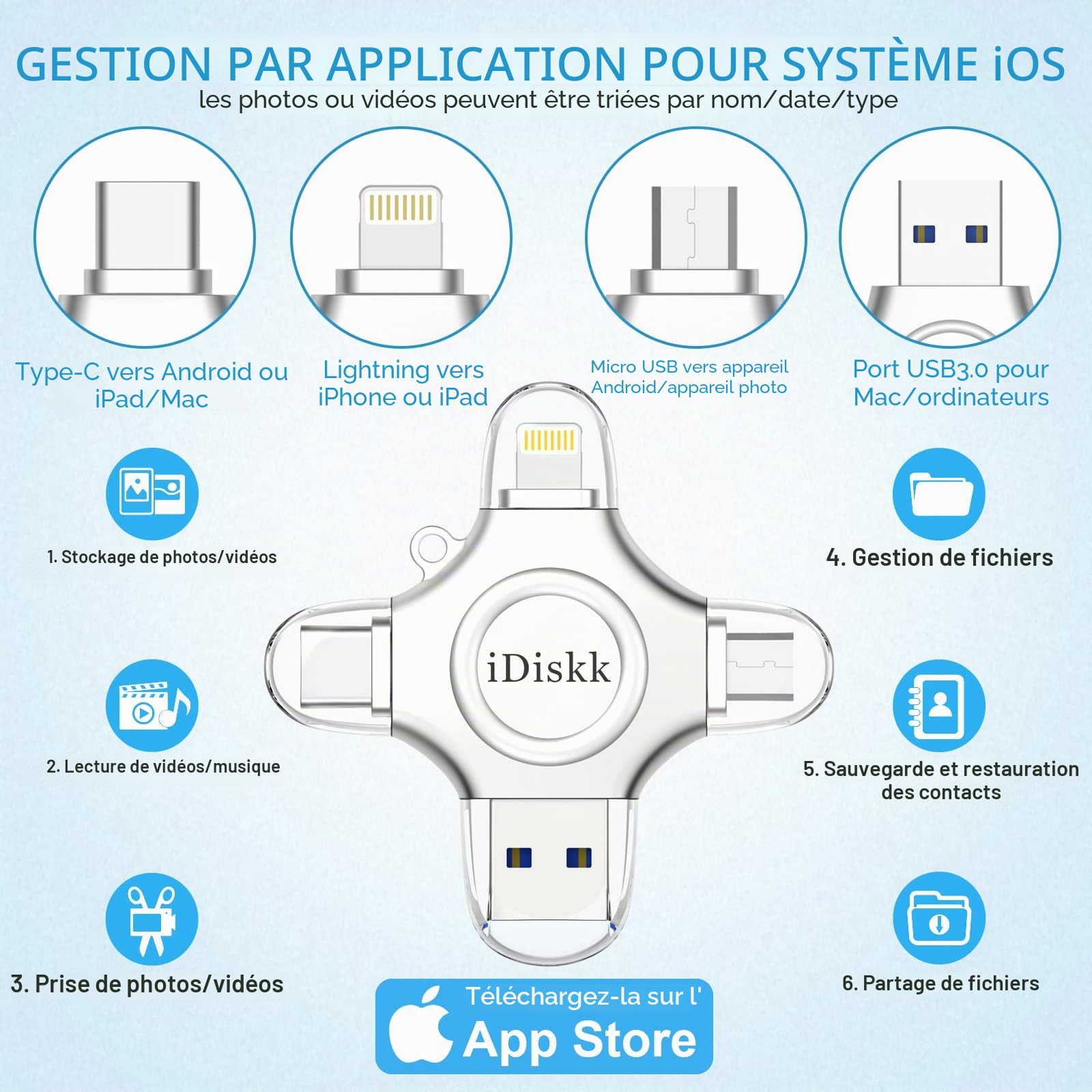 IDiskk 256G Lightning cle USB pour iPhone MFI Certified iPhone Memory Drive Stockage iPhone Travailler avec Les appareils USB-C, Derniers iOS, téléphones Android et PC
