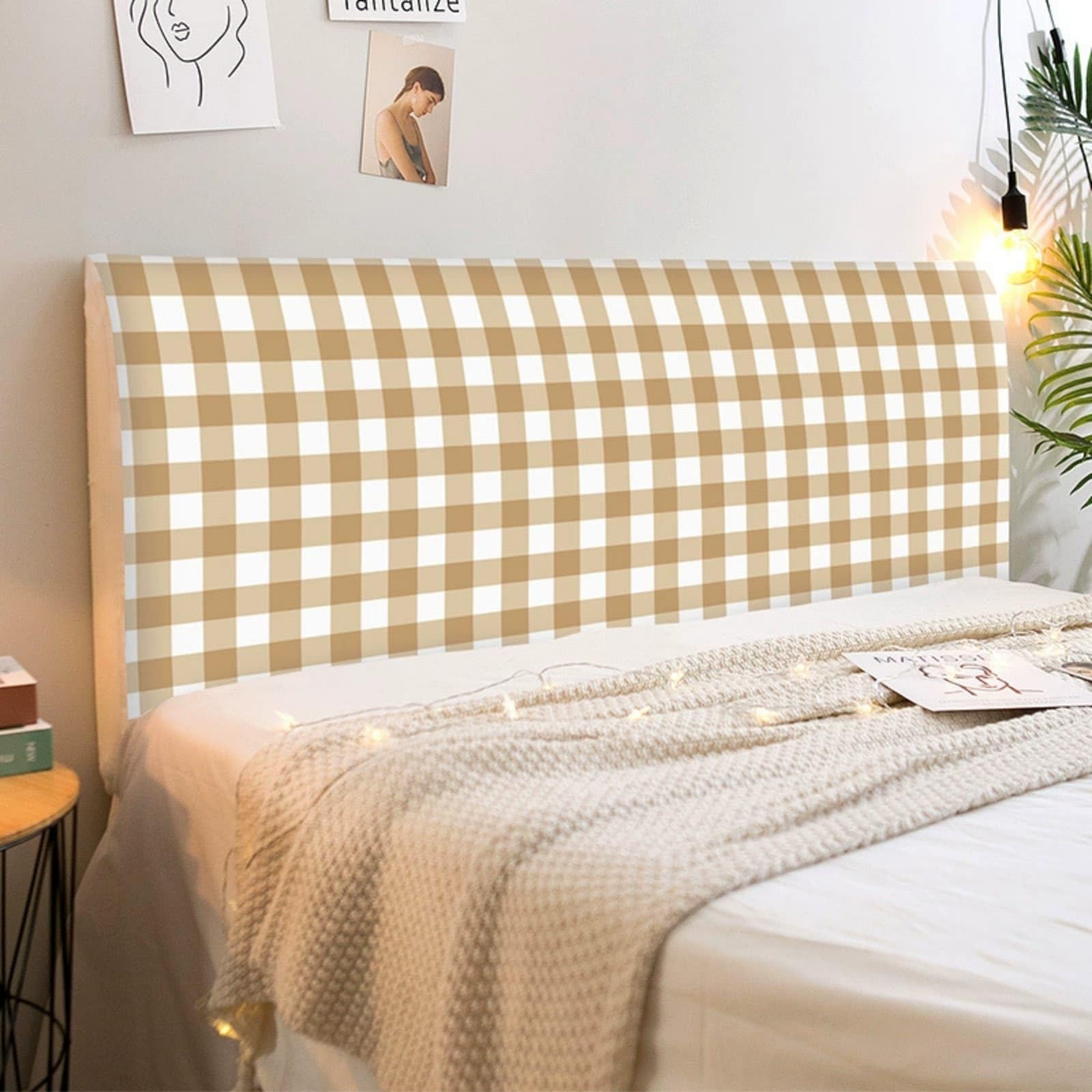 Mateju Bed Headboard Cover, Bed Headboardcover Stretch Headboard Covers Dustproof Modern Elastic Universal 120-220cm Plaid Gingham Style Head Board Slipcover All-Inclusive (Khaki Color,150cm)