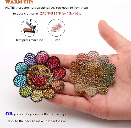 Miniatura 3 de 10 calcomanías de diamantes de imitación para planchar, no autoadhesivas, con forma de corazón de flor, arco iris, cara sonriente, estrella, estilo