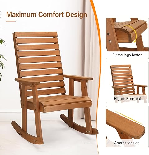 Miniatura 6 de VINGLI Mecedora de madera con respaldo alto, madera de abeto maciza, mecedora de patio resistente de 600 libras para interiores y exteriores,