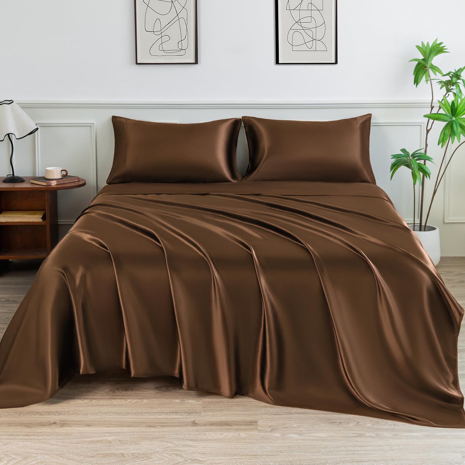 Satin Sheets Queen Size Bed Set Similar to Silk Sheets 4Pcs Luxury Satin Sheet Set with 15 Inches