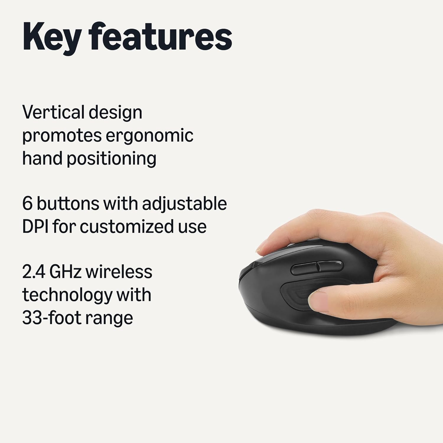 Amazon Basics 6-Button Vertical Wireless Mouse for Laptop & Desktop PC, Right-Handed, Adjustable DPI, Medium to Large Palm Sizes, Black
