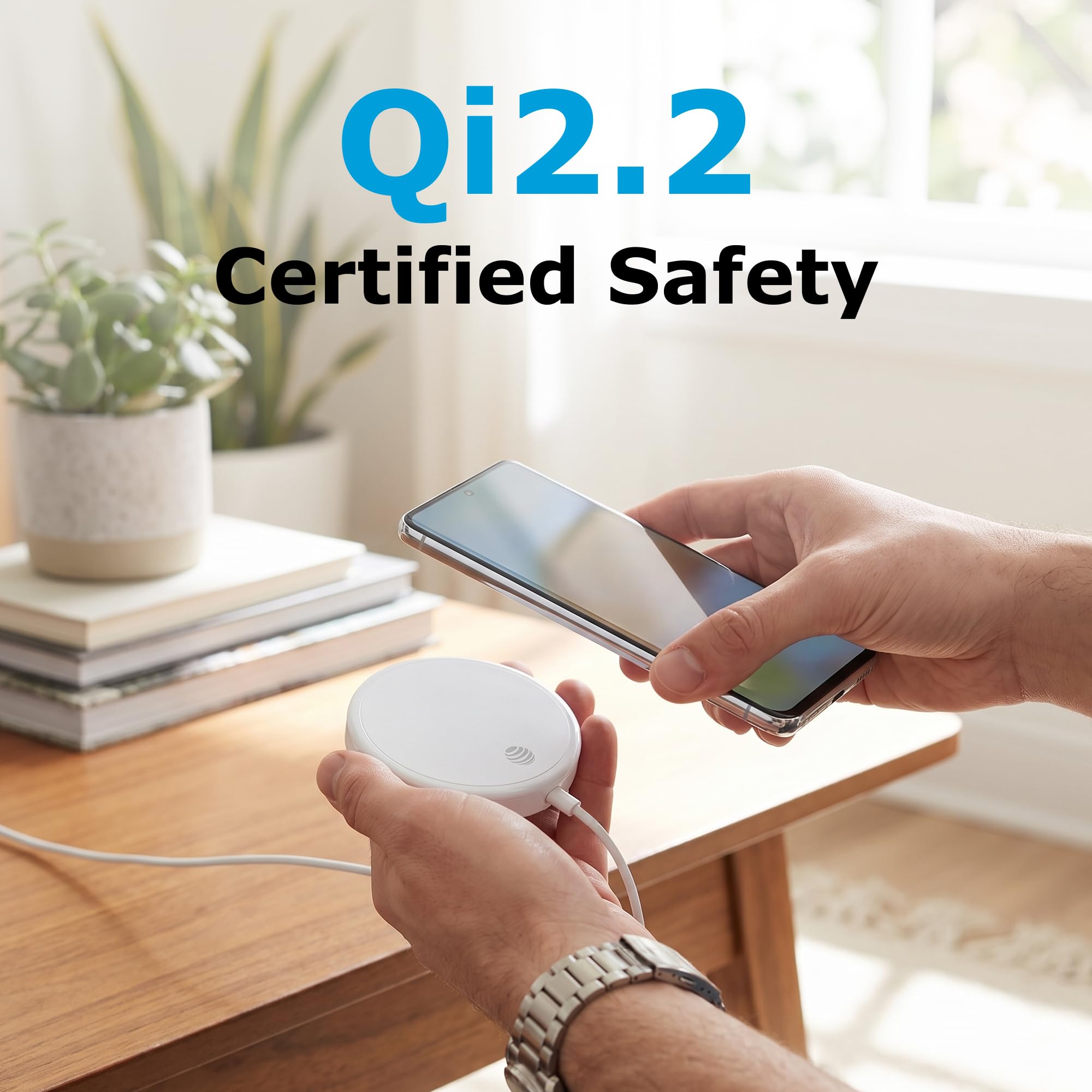 AT&T Pad di ricarica wireless magnetico da 25 W, caricabatterie wireless veloce certificato Qi2.2 con cavo adattivo integrato da 1,2 m, caricabatterie magnetico compatto per casa, ufficio e viaggi