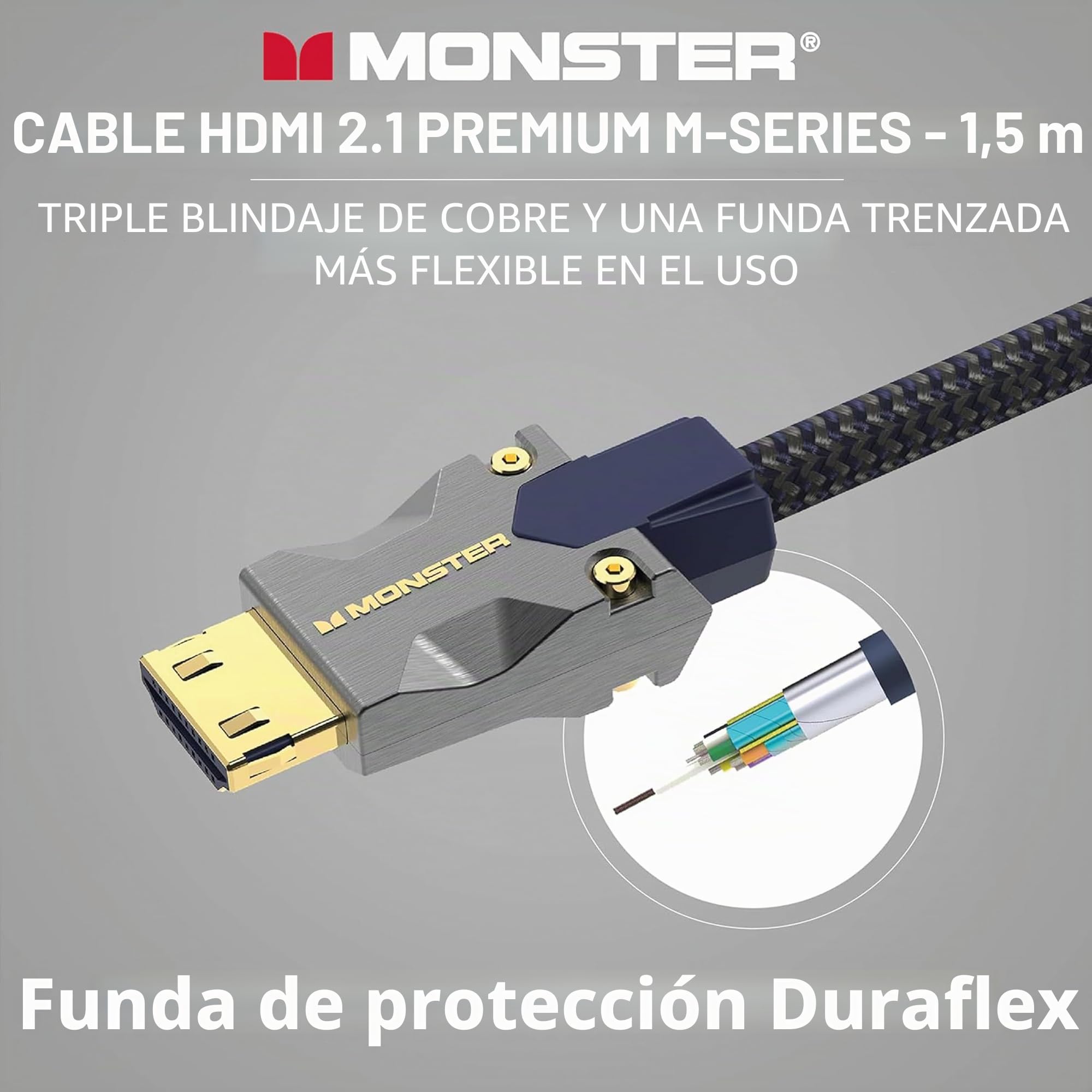 Monster - Cable HDMI de resolución 8K - Vídeo HDR - 48 GBPS - Velocidad flash - Conectores V-Grip - Triple Blindaje - 1,5 metros - Garantizado de por vida - Negro