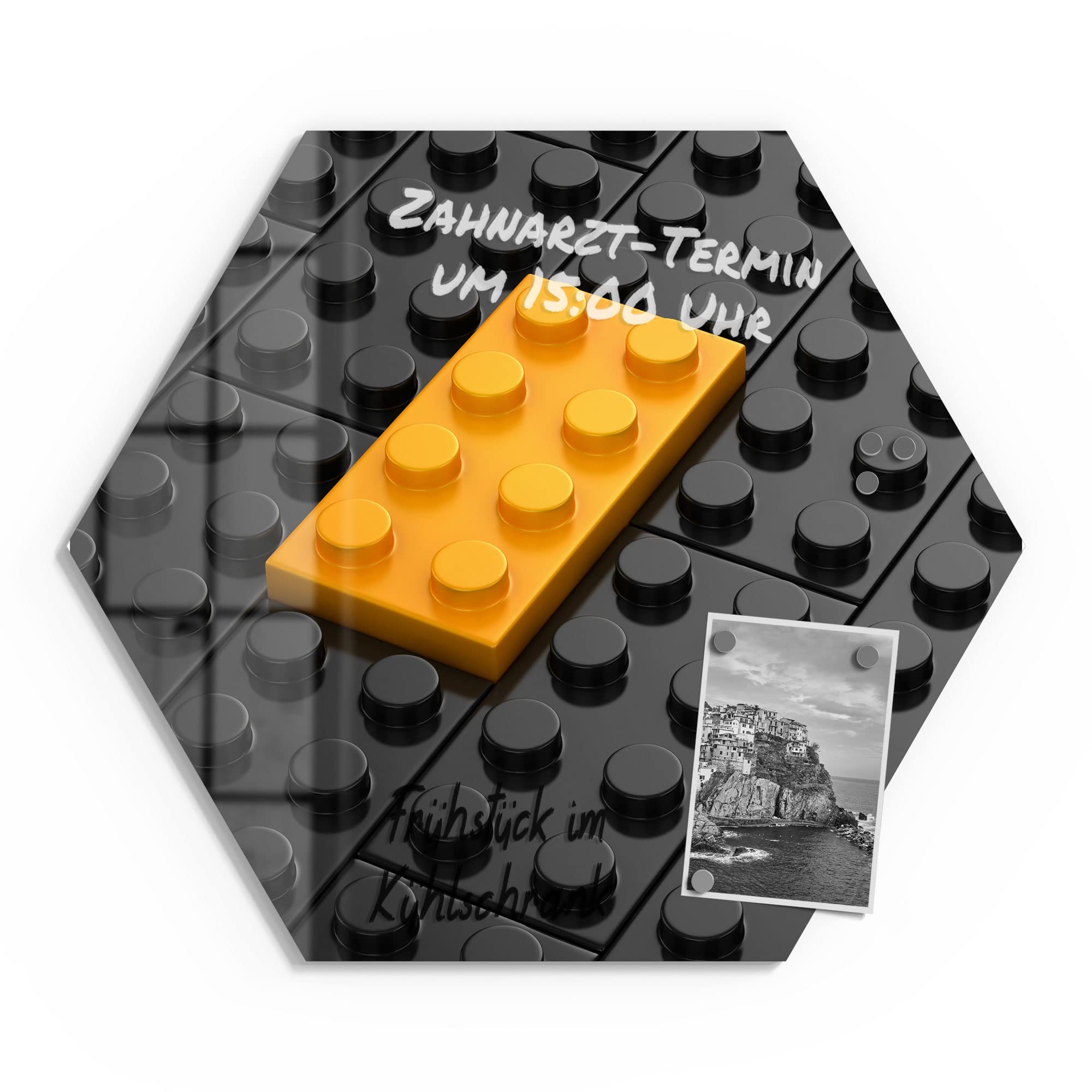 DEQORI Szklana tablica magnetyczna | wymiary 55 x 47,6 cm | motyw "klocki z wypustkami, tablica memo ze szkła | tablica magnetyczna z magnesami, długopisem i ściereczką do kuchni i biura | tablica
