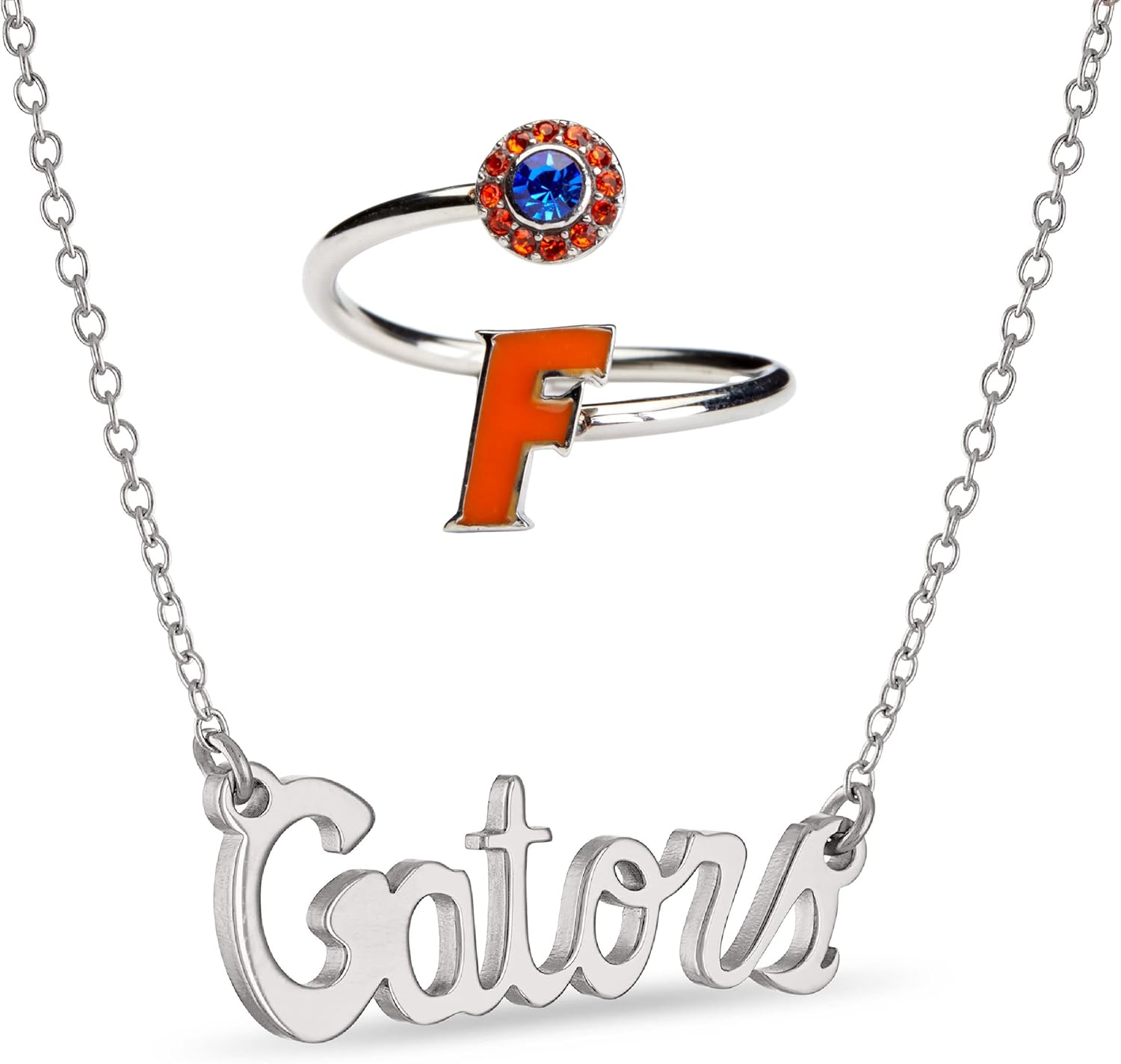 Stone Armory Florida Gators Jewelry Set - Unisex Modern Orange Crystal Wrap Ring & Necklace - Hypoallergenic Stainless Steel - Women's Gators Fan Gift