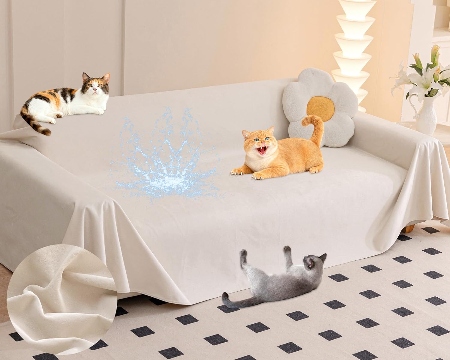 Loiion Velvet Sofa Cover, Ultra Soft Waterproof Non-Slip Couch Cover for Pets, Cat-Scratch Resistant Couch Cover, Pet & Kid Proof Scratch & Hair Resistant Washable Furniture Protector 118"X71" Beige