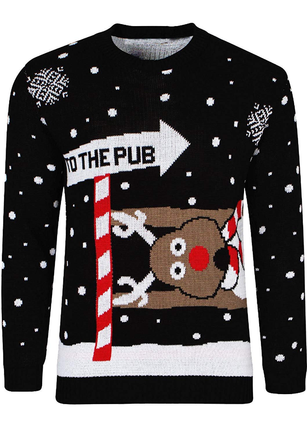 GirlzWalk ® Adults Mens Unisex Womens 'to The Pub' Reindeer Novelty Xmas Christmas Sweater Jumper (Black, SM/UK 8-10)
