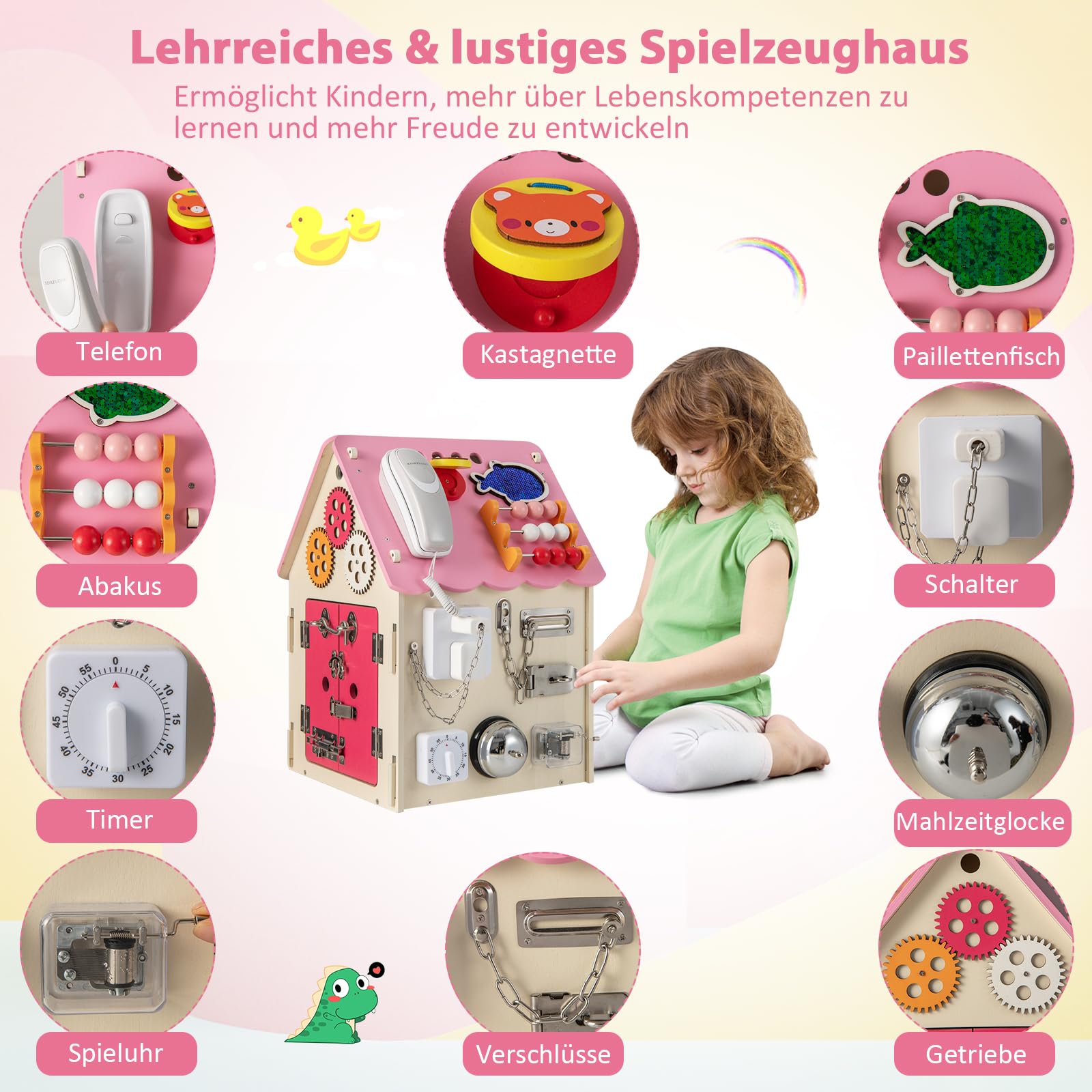 GOPLUS Kinder Spielhaus aus Holz, pädagogisches Kinderspielhaus mit 33 Komponenten, Montessori Spielzeug mit Stauraum für Kinder ab 3 Jahren, für Lebenskompetenzen und feinmotorisches Lernen (Rosa)