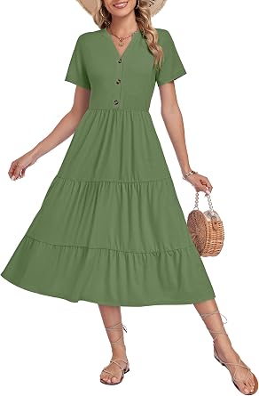 MOLERANI Womens Summer Midi Short Sleeve Tiered Button Dresses | V-Neck, Functional Front Buttons, Two Side Pockets, A-line, Soft Breathable Comfy, Casual Vacation Beach, Daily Wear, Church