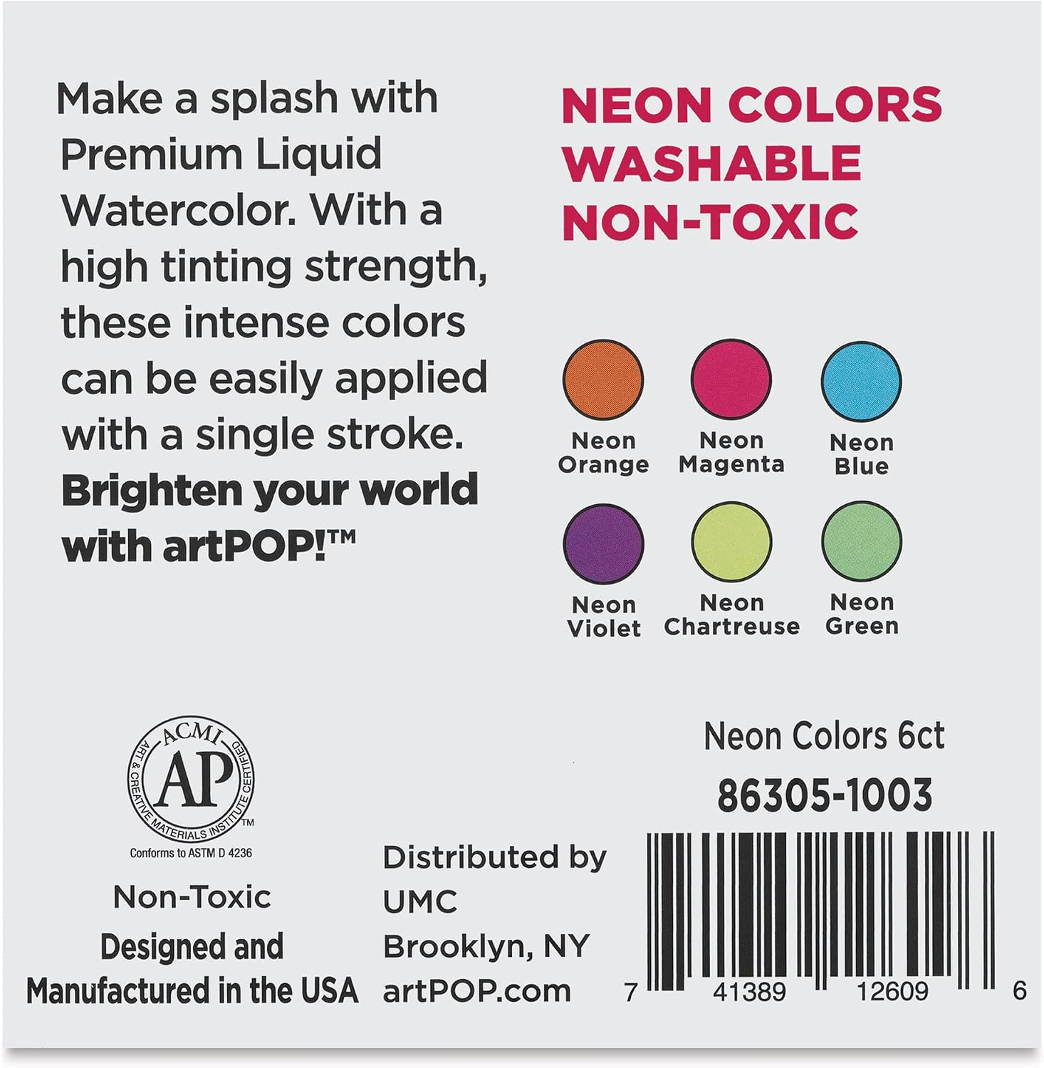 artPOP! Liquid Watercolors, Set of 6 Neon Colors, 60 ml/2 fl oz Bottles, Vibrant, Non-Toxic, Washable, for Watercolor Techniques, Hand Lettering, Calligraphy, Illustration
