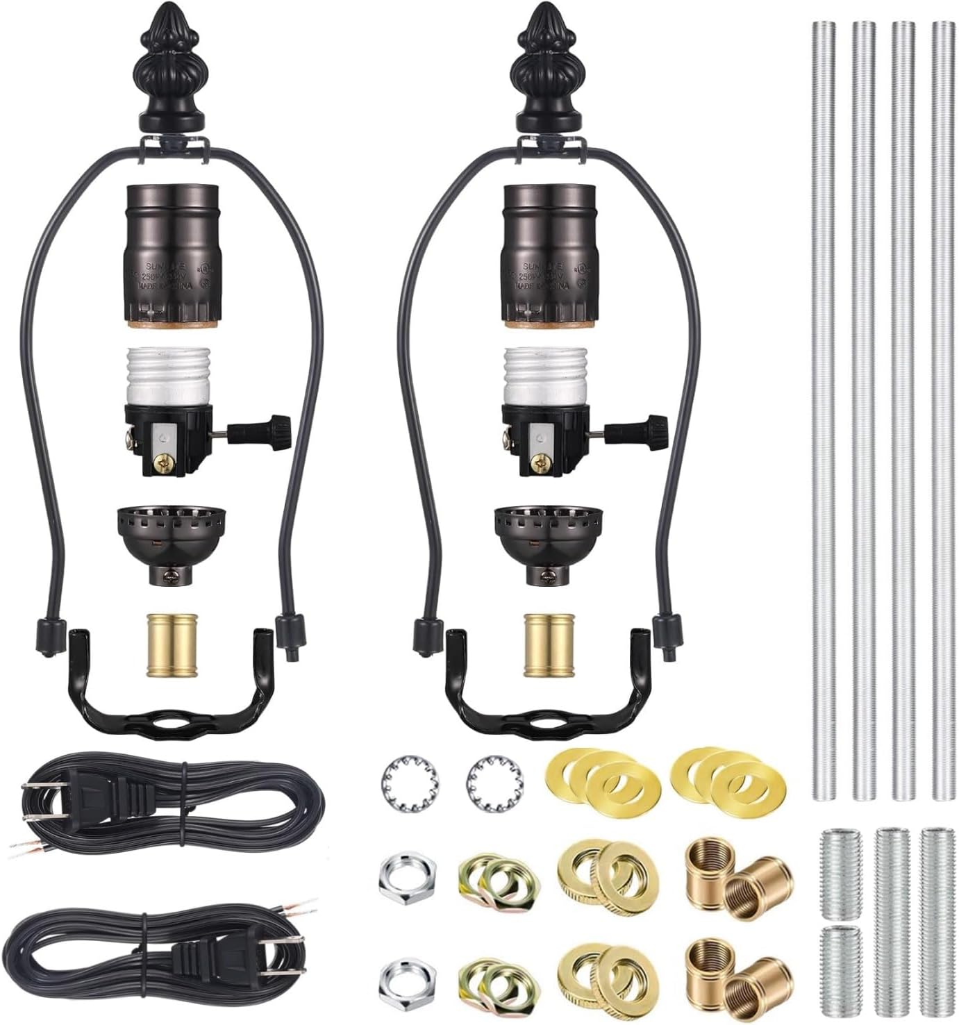 2 Sets Make-a-Lamp Kits - Table Repair or DIY Wiring Kits With 8'' Harp, 12'' Pipe, 3-Way Socket, 8 ft Cord, and All Hardware Parts for Creating DIY Antique Lamp Designs (Black)
