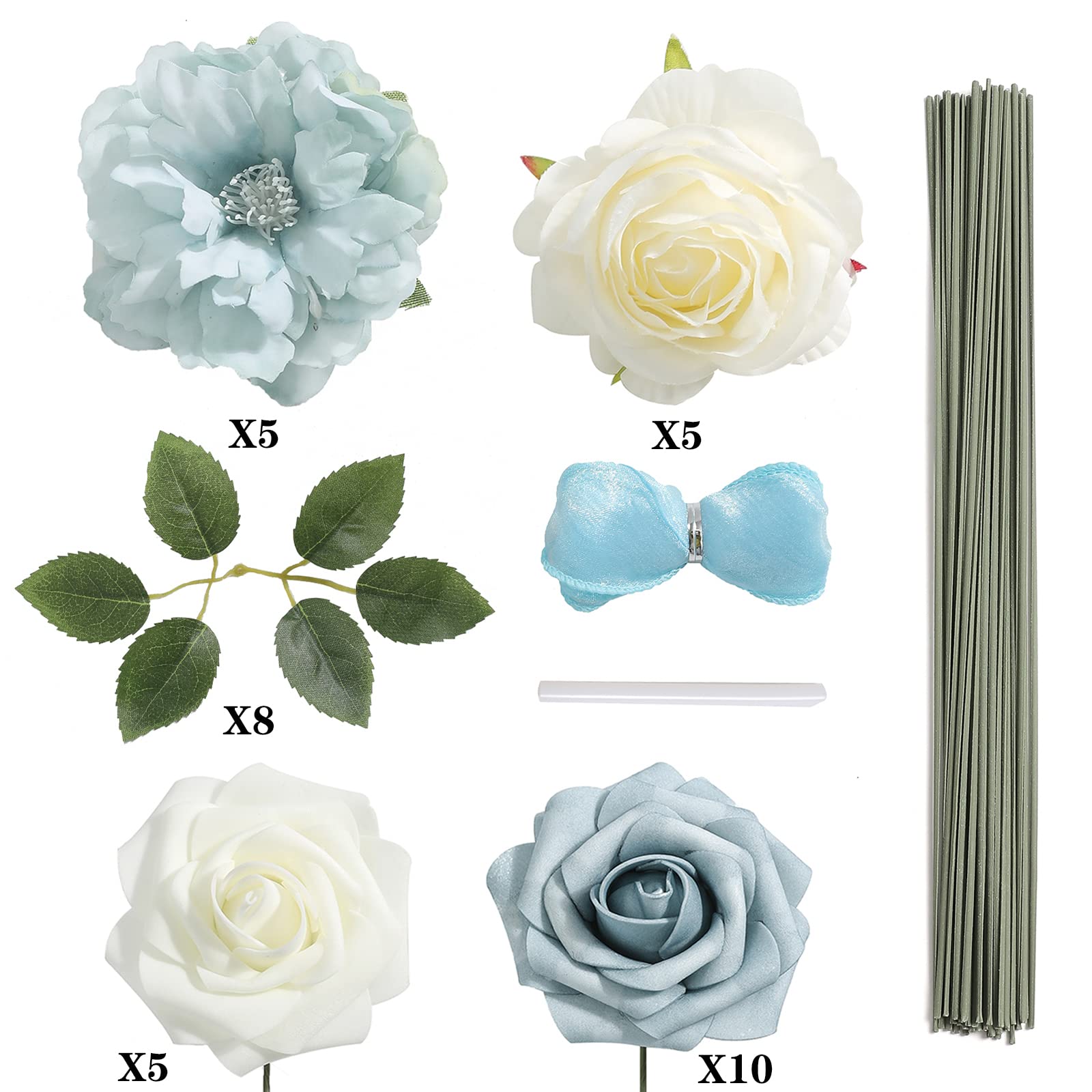 Set Di Fiori Artificiali In Schiuma PE Con Steli, Colori Champagne E Nudo, Altezza 22,9 Cm. Perfetti Per Bouquet Fai Da Te, Centrotavola, Decorazioni Matrimonio. Include Foglie E Accessori. - 3