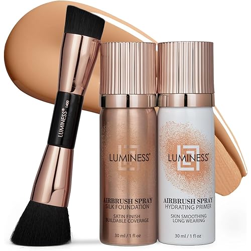 LUMINESS Silk Airbrush Spray Foundation 3-PC Kit - Foundation, Primer & Dual-Sided Makeup Brush - Buildable Coverage, Anti-Aging Formula, Humidity Resistant, Hydrates & Moisturizes, Medium Warm