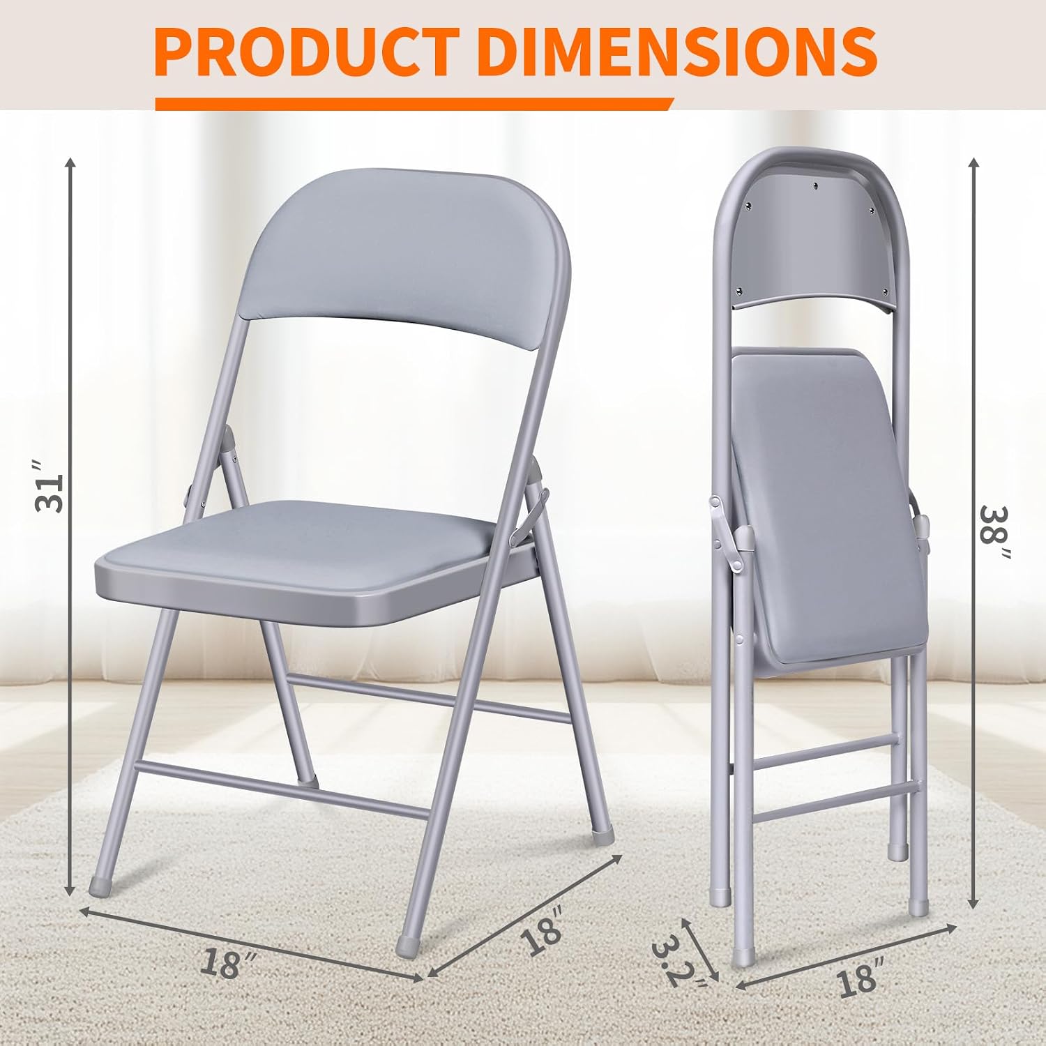 Fenbeli Folding Chairs with Padded Seats - 4 Pack Padded Folding Chair with Steel Frame for Home and Office, Indoor and Outdoor Events, 330 Pound Capacity (Grey, Set of 4)