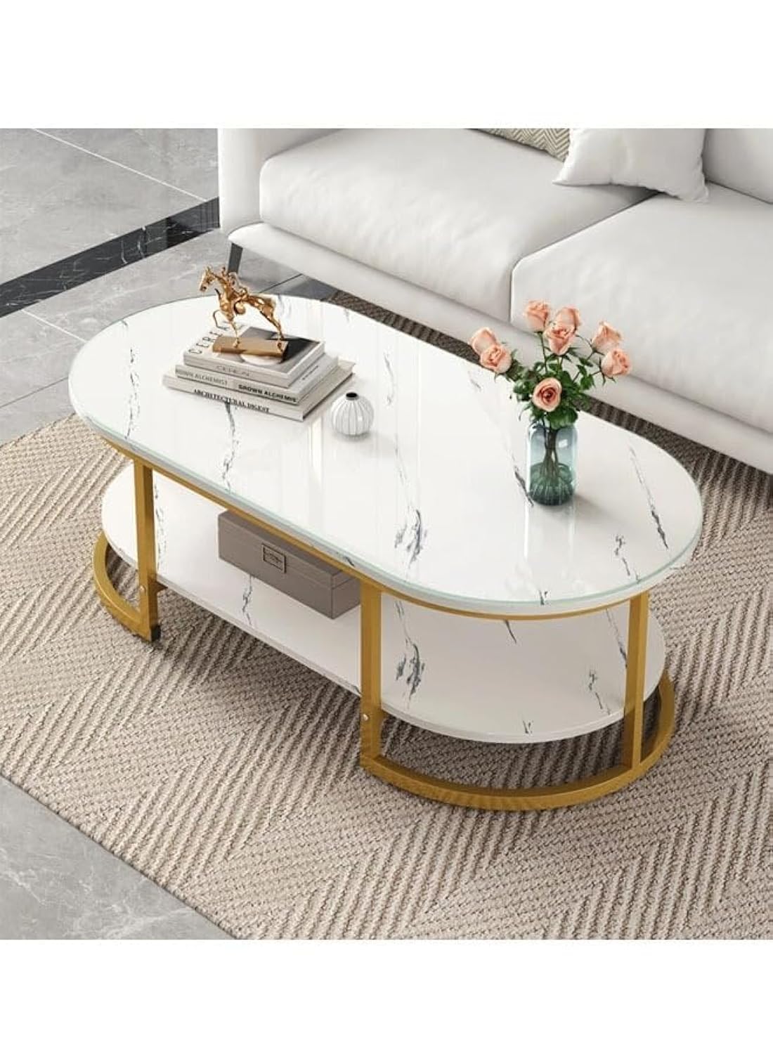 NKX Multipurpose White 2 tier Coffee Table with 4mm thickned glass top for Kitchen and Bedroom