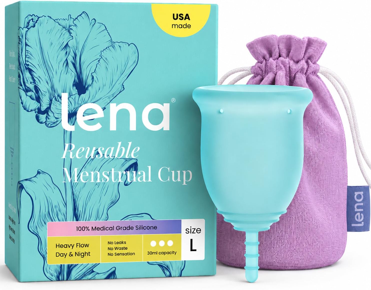 Lena Cup Reusable Menstrual Cup | Turquoise, Large | Experienced and Advanced Cup Users | Tampon, Pad, and Period Disc Alternative | Feminine Care Hygiene Products