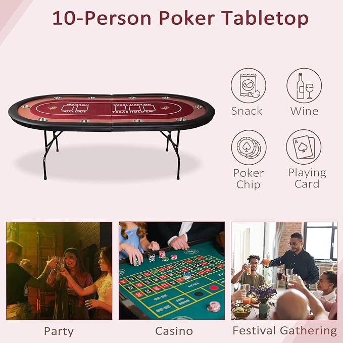 Mesa de poker plegable para 10 jugadores 229.9x120 cm roja miniatura 4