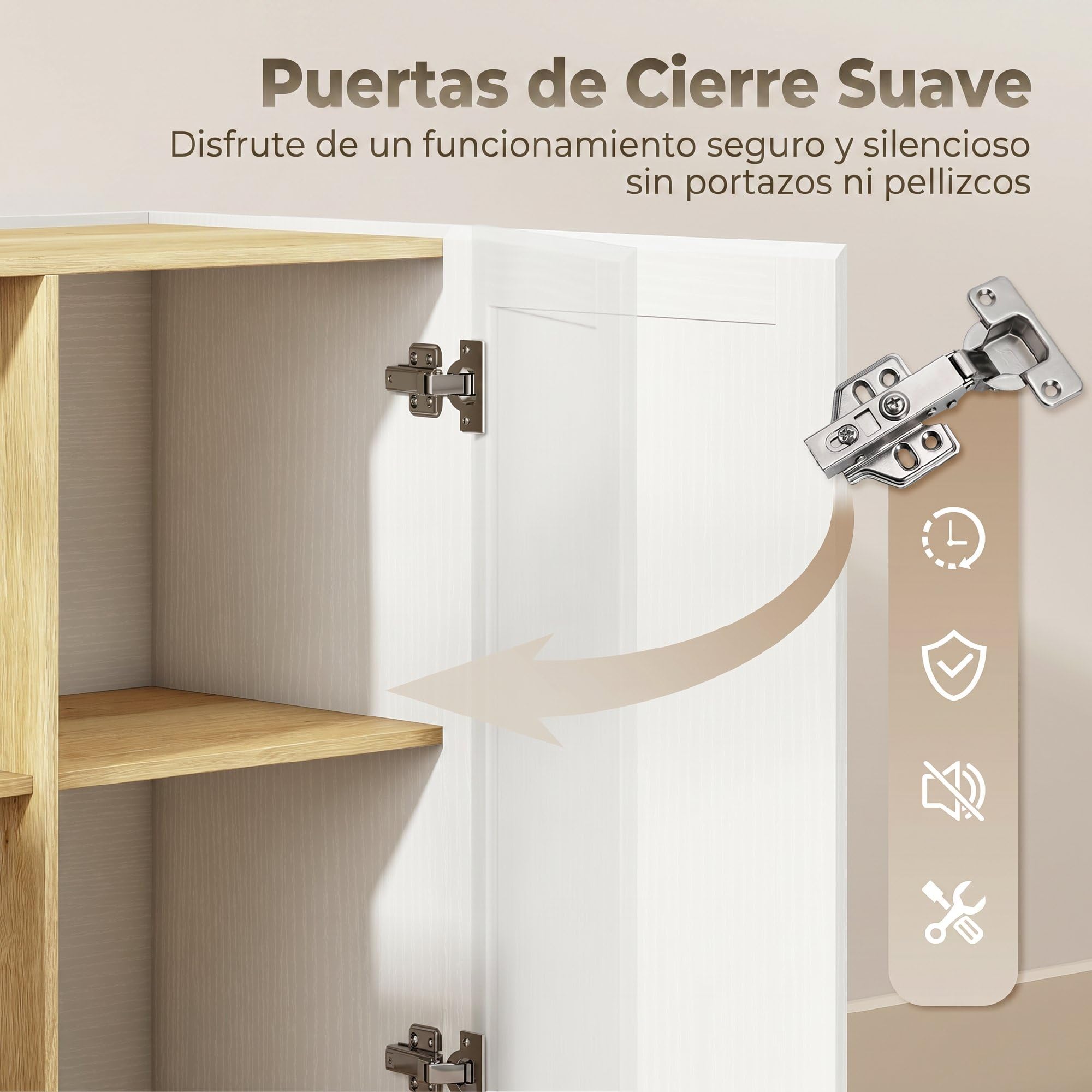 HOMCOM Aparador con 2 Estantes Abiertos 133x35x79,7 cm Natural y Blanco | Armario de Cocina Moderno, 2 Puertas de Cierre Suave, Mueble de TV para 60 Pulgadas, para Salón, Comedor