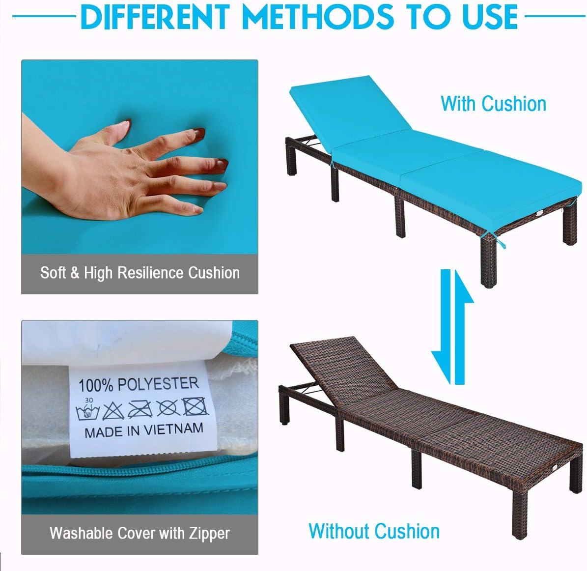 Tangkula Rattan Wicker Chaise Lounge Chair, Outdoor Patio Lounger Recliner Chair w/Adjustable Backrest, Heavy-Duty Reclining Chair Sunbed w/Thick Zippered Cushion for Garden Yard Patio (1, Turquoise)