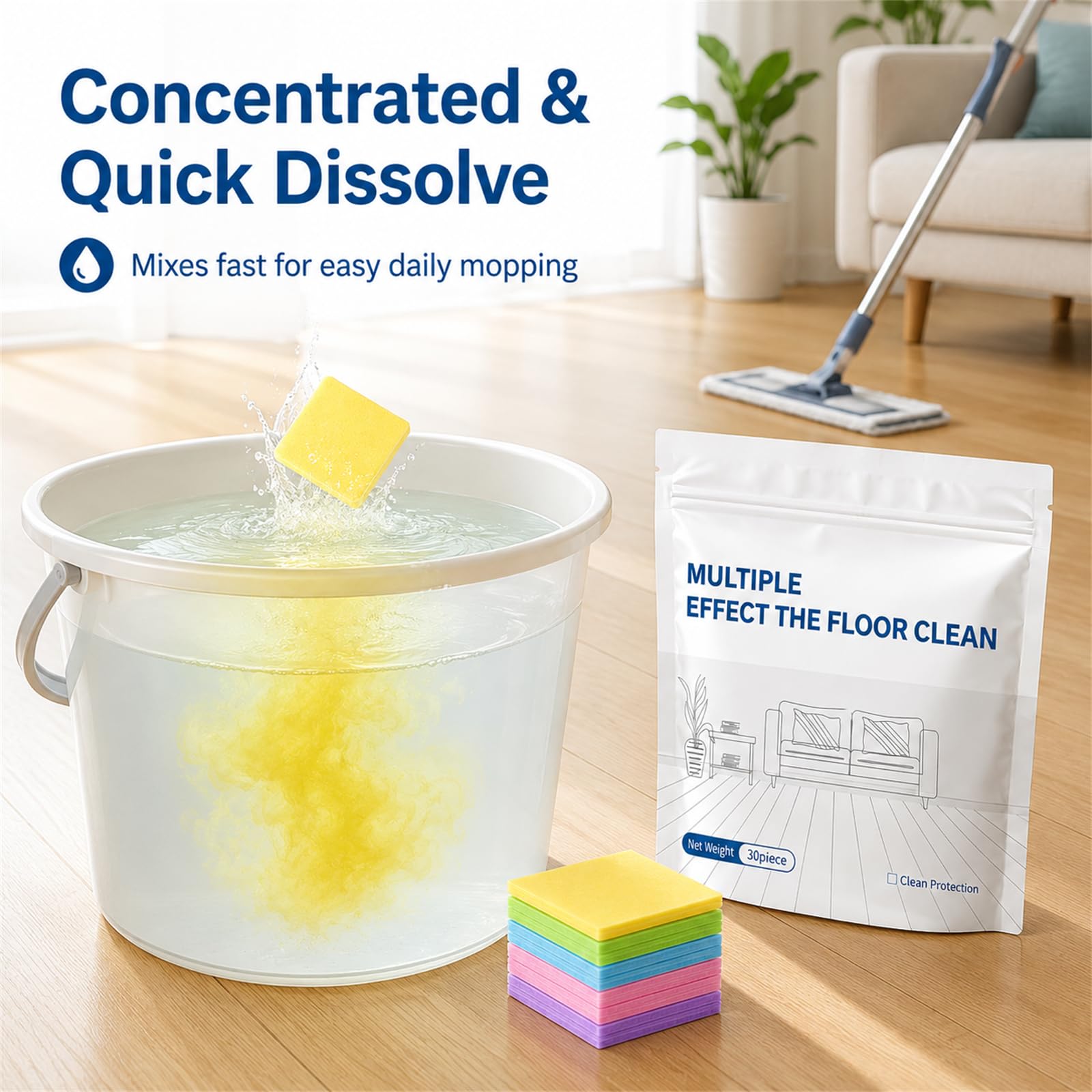 Multi-Effect Floor Clean Tablets, Floor Cleaning Tablets Multi-surface Cleaner, Multiple Effect the floors Clean, No-Rinse, Concentrated Floor Cleaner for Hardwood, Tile (Blue, 100PCS)