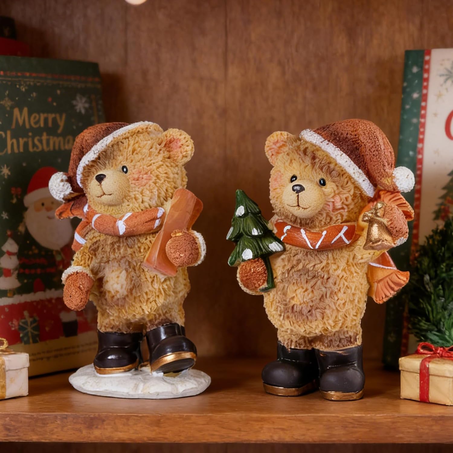 Set of 2 Small Teddy Bear Figurines Resin Christmas Bear Decor Winter Tabletop Statue Cute Animal Teddy Bear Decorations for Home Mantel Shelf Living Room Little Bears Ornament