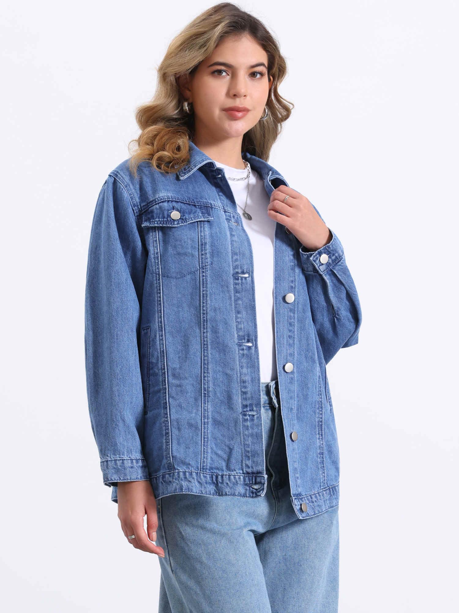 Allegra K Femme Veste en Jean Oversized Manches Longues Poches Décontractée