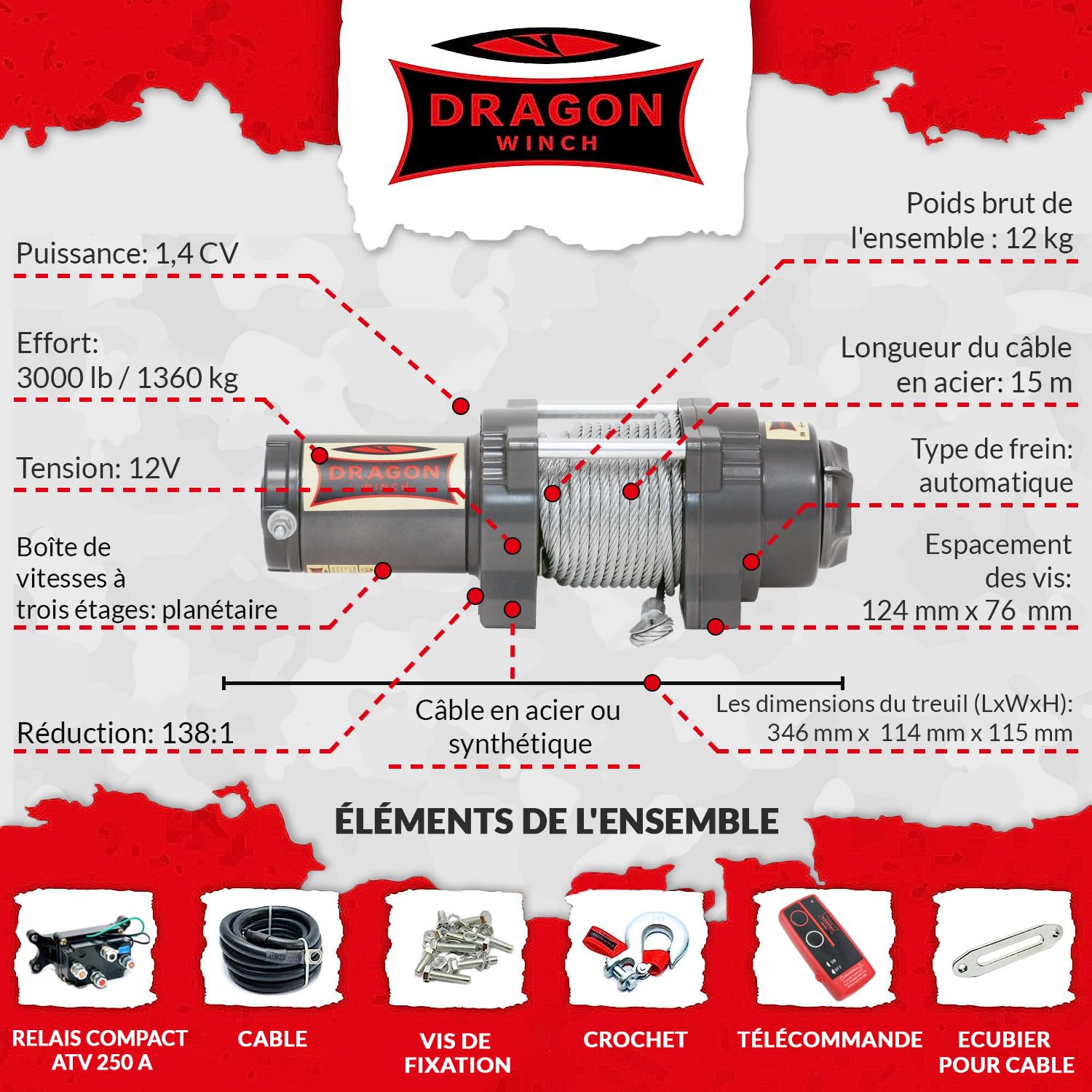 Dragon Winch Treuil électrique série Highlander 3000 lbs (1360 kg), 12V câble en acier 15m pour quads tout-terrain, VTT extrêmes, UTV | treuil étanche | incl. télécommande sans fil + accessoires