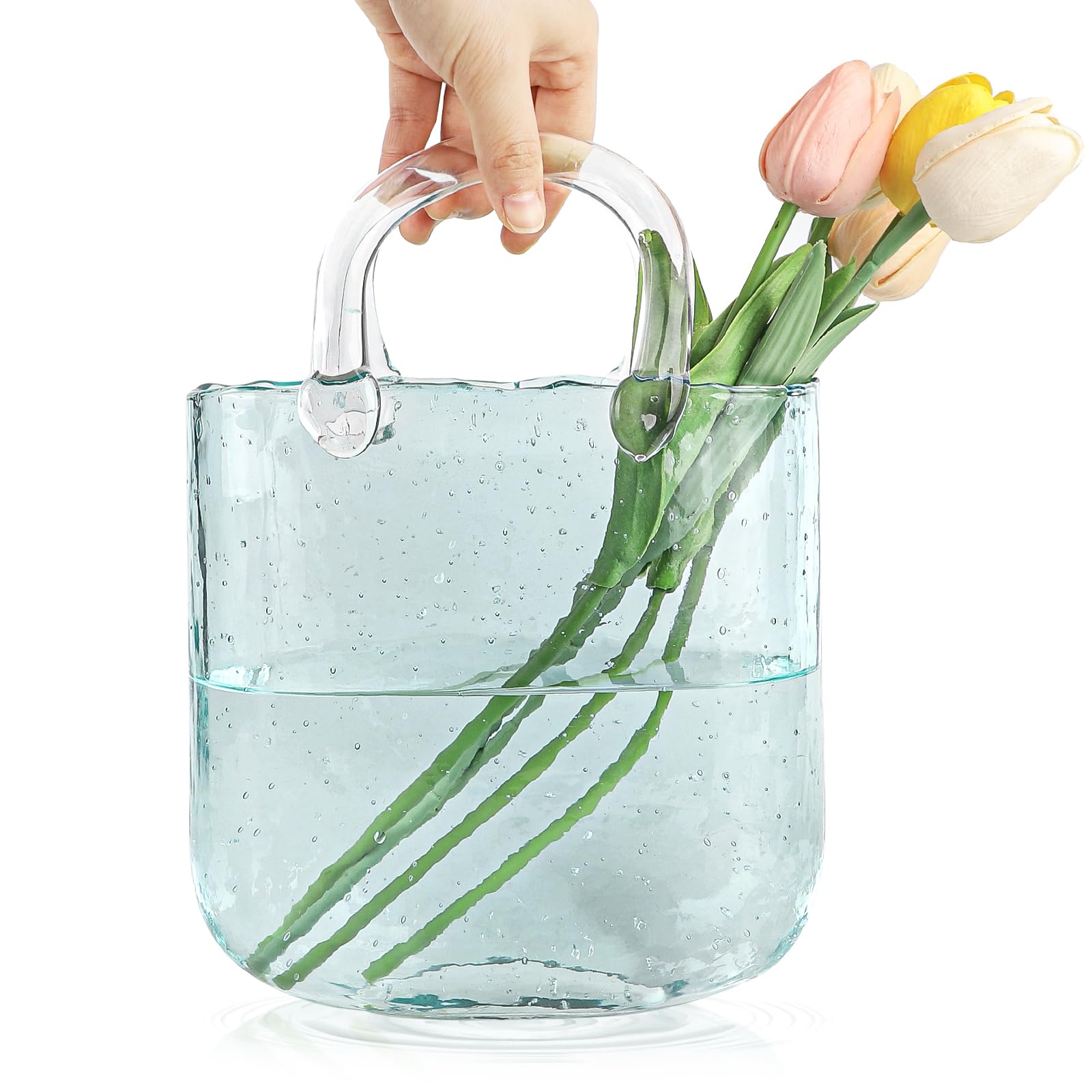 DBREAKS Jarrón de Cristal con Burbuja, Jarrón de Vidrio con pecera, Jarrón con Forma de Bolso para Flores, Jarrones de Cristal en Forma de Bolso, Jarrón de Vidrio Transparente con Asas(Azul)