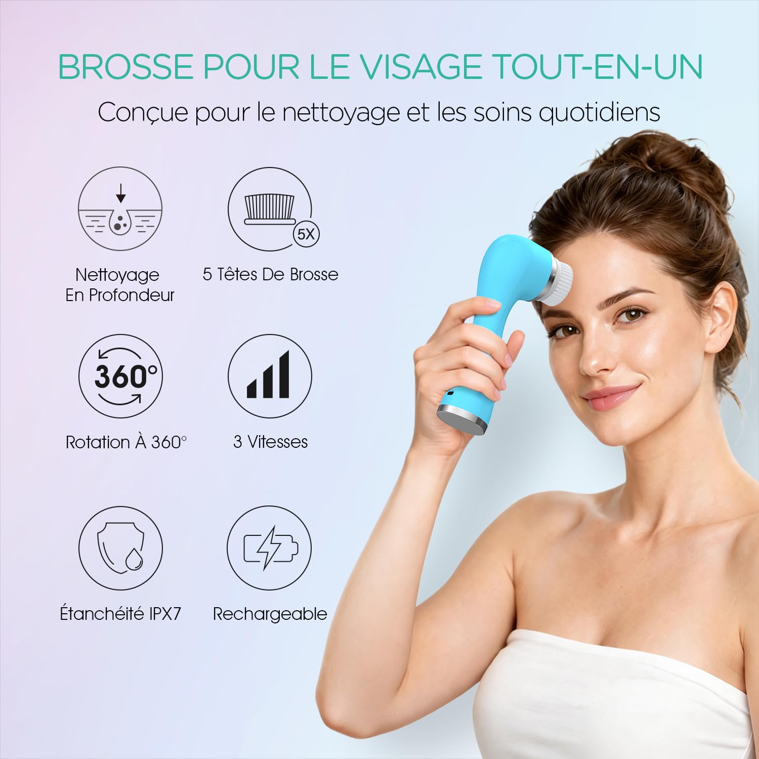 VOYOR Brosse Visage Nettoyante Électrique Rechargeable 5-en-1 IPX7 FB500 Bleu