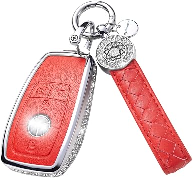 for Mercedes Benz Key Fob Cover with Keychain, Key Case Protection Shell Compatible with C E S M CLS CLK G Class red, 4 Buttons