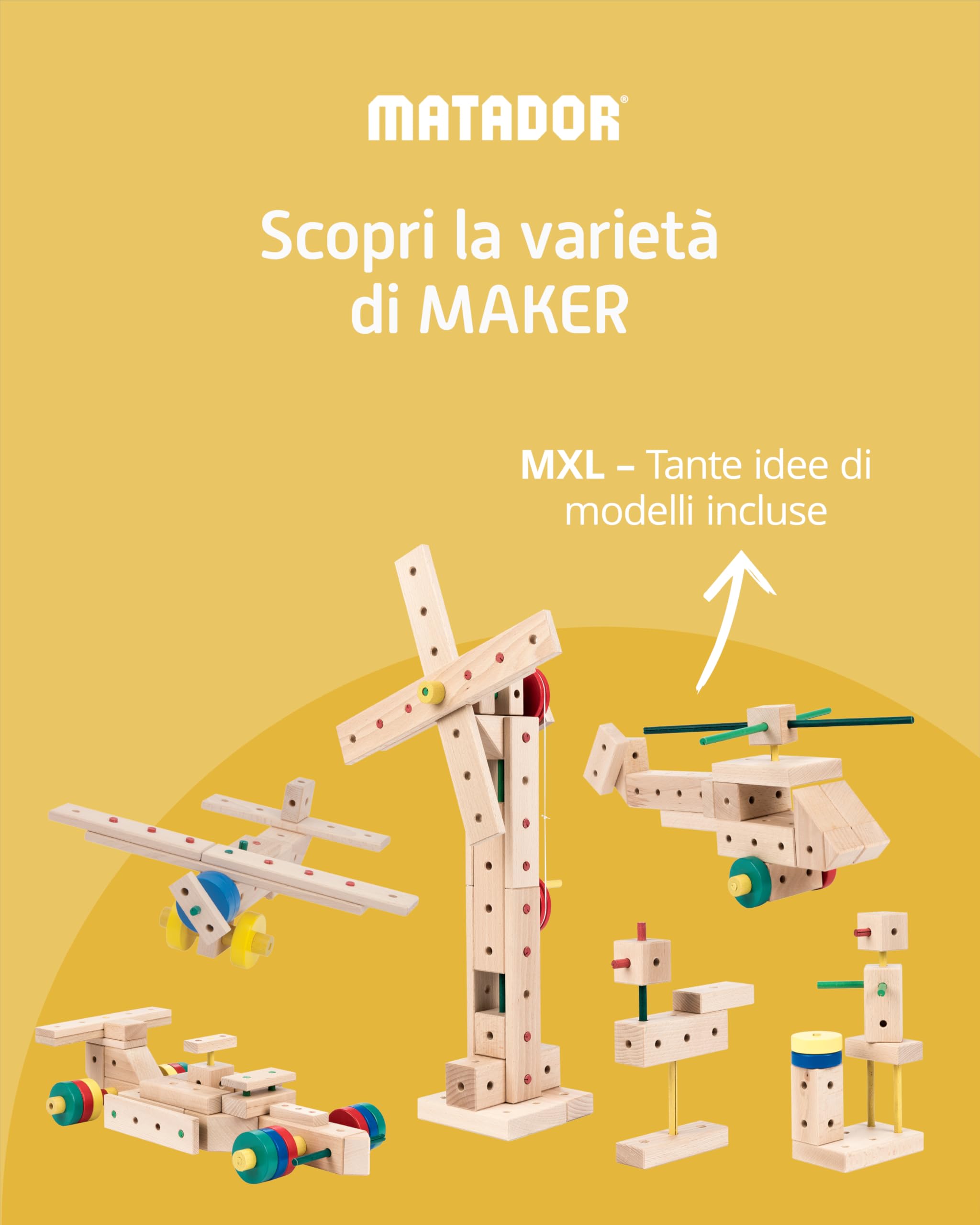 Matador Set di Costruzioni XL per Bambini da 3 Anni – 350 Pezzi | Gioco di Costruzioni in Legno coinvolgente per sviluppare creatività e motricità fine, con aste, Blocchi, Martello e Pinza