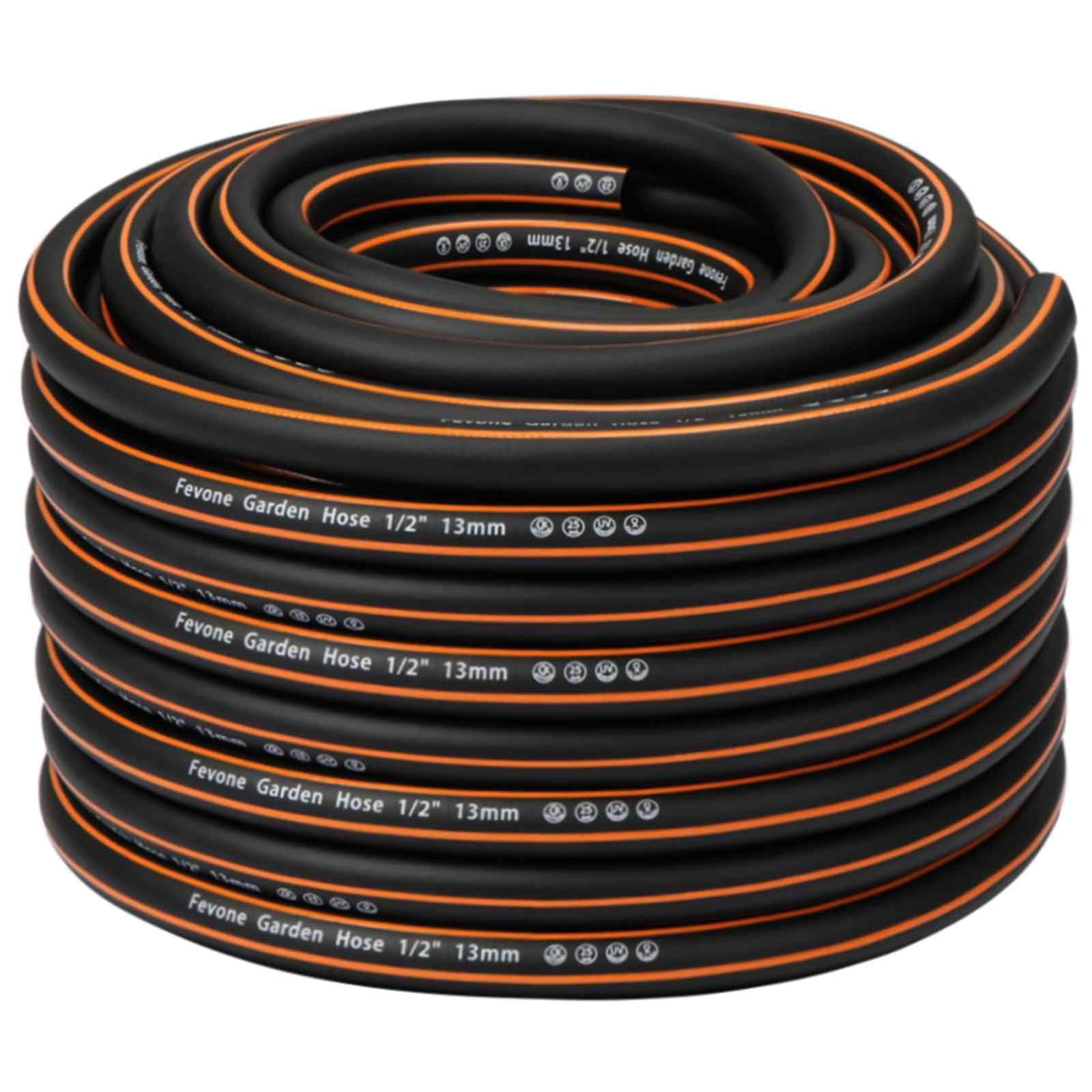 Fevone Manguera de Jardin 30 Metros, Φ13 mm (1/2 pulgadas), 4 capas, 25 bar, muy resistente, portátil, exterior, flexible, resistente, con correa, protección contra torceduras, negro/naranja