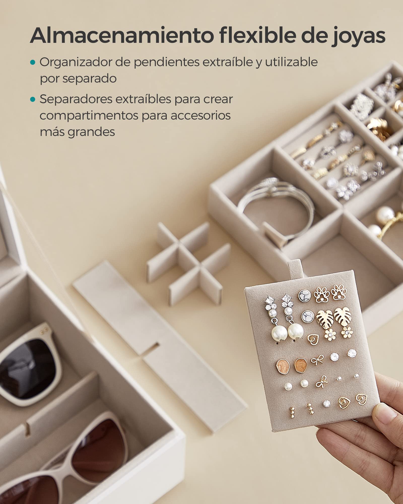 SONGMICS Joyero 2 Capas, Bandeja Flexible para Joyas, Efecto Flotante, 20,5 x 24 x 11 cm, Blanco