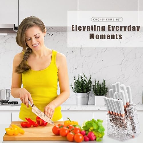 Miniatura 6 de Juego de cuchillos de cocina antiadherentes con cuchillo de carne dentado de almacenamiento, cuchillo de chef, cuchillo de pan, tijeras, afilador,